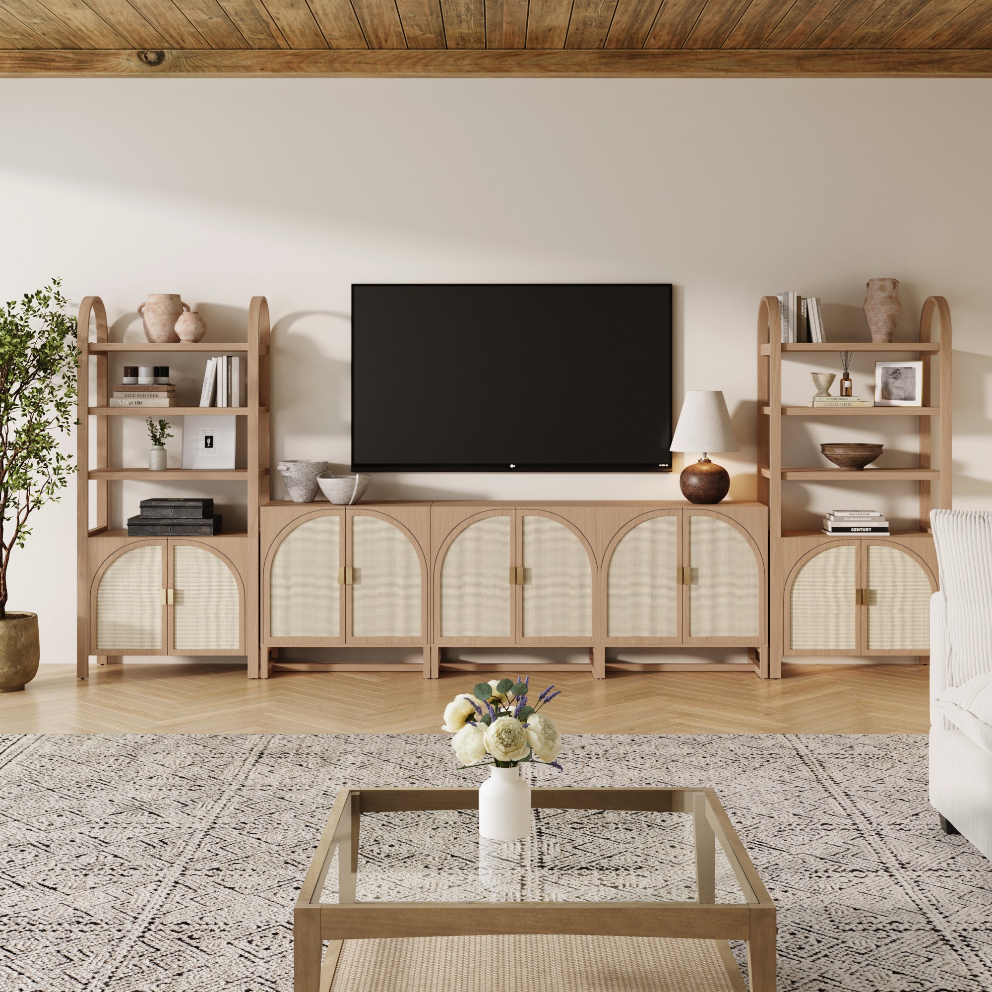 Arched Rattan Entertainment Center Wall Unit with Bookshelves (75" TV) - Nathan James