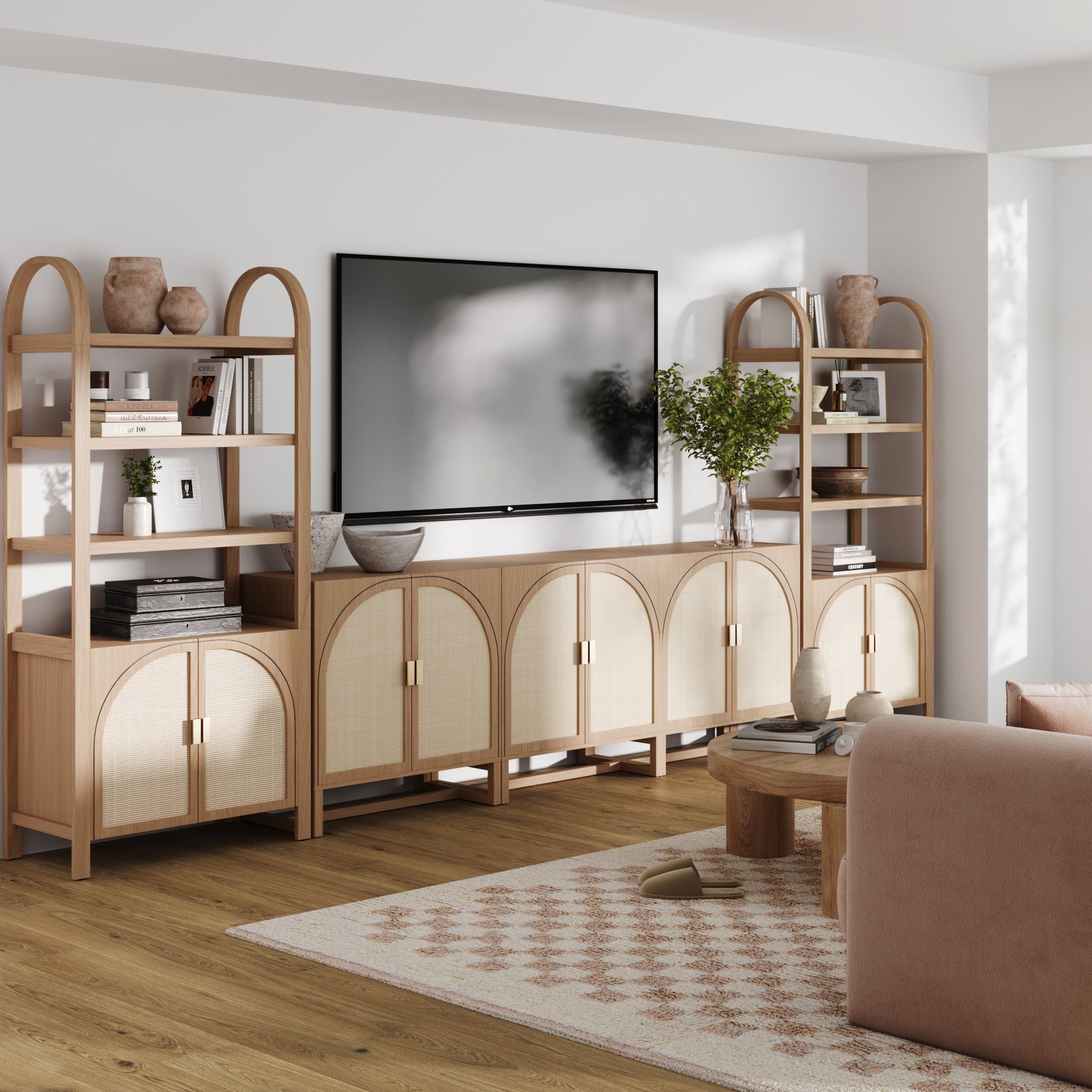 Arched Rattan Entertainment Center Wall Unit with Bookshelves (75" TV) - Nathan James