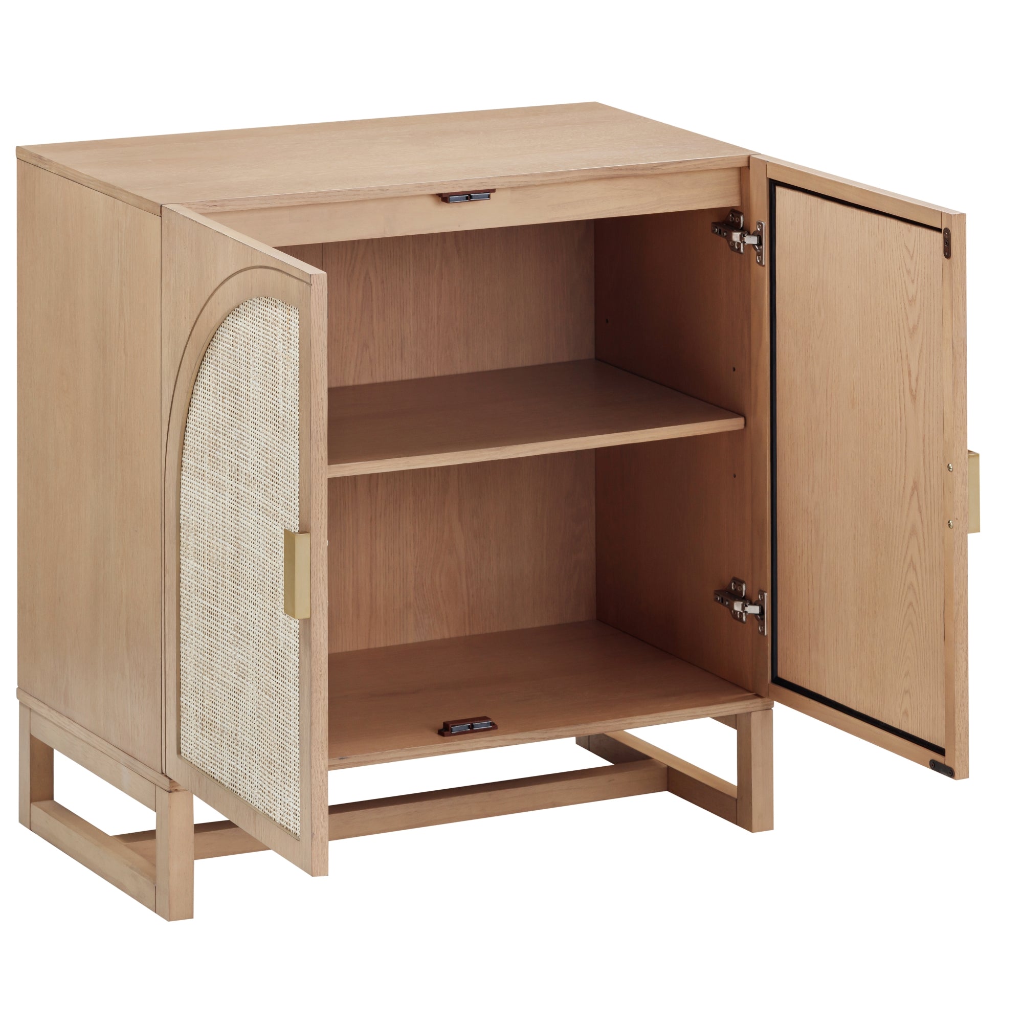 A light wood cabinet with two open doors, revealing a single interior shelf. The cabinet features a rectangular frame, minimalist design, and a woven panel on the left door. The handles are simple and metallic.