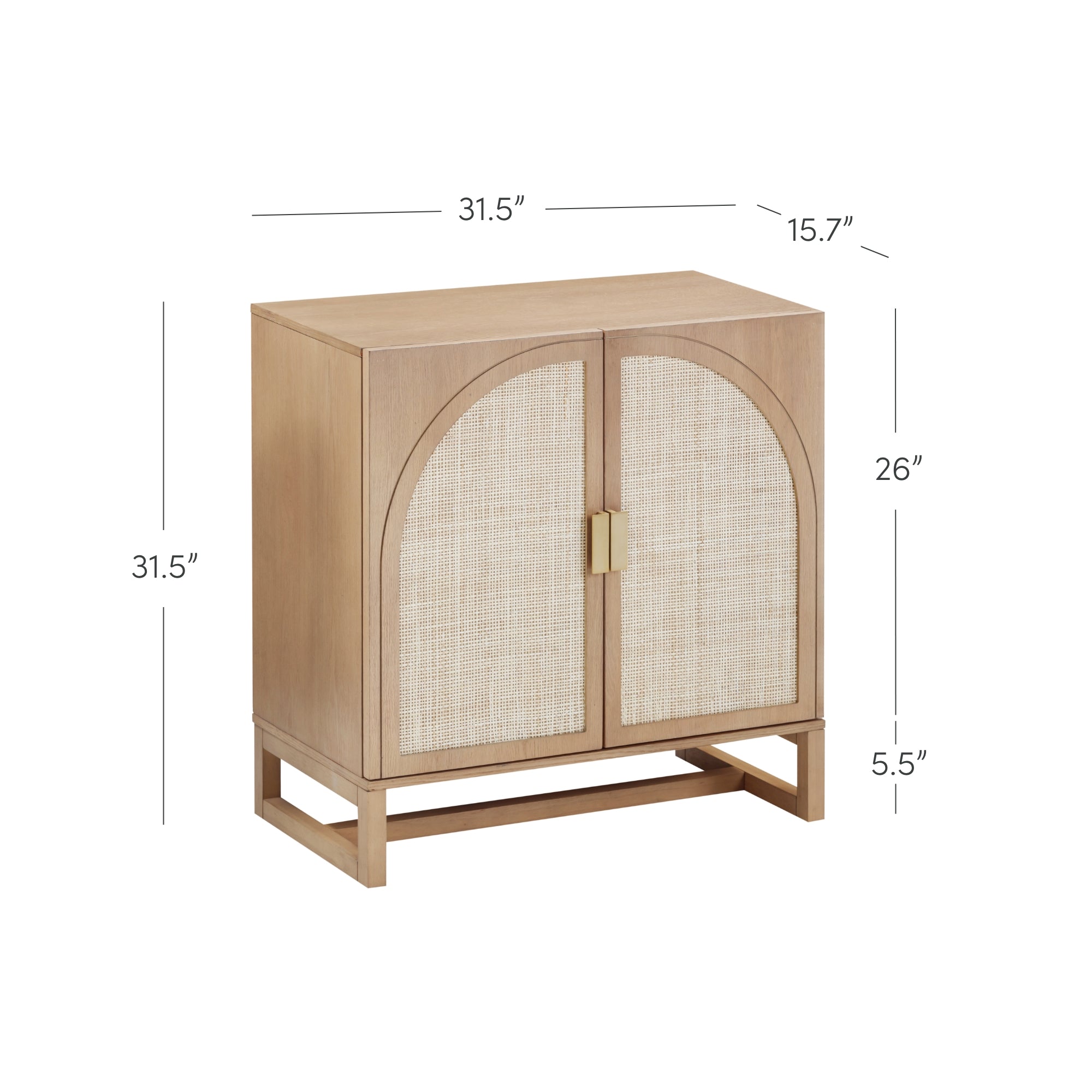 Light wood cabinet with arched woven panel doors, central gold handle, and open base. Dimensions: 31.5 wide, 15.7 deep, 31.5 total height, 26 cabinet height, 5.5 base height.