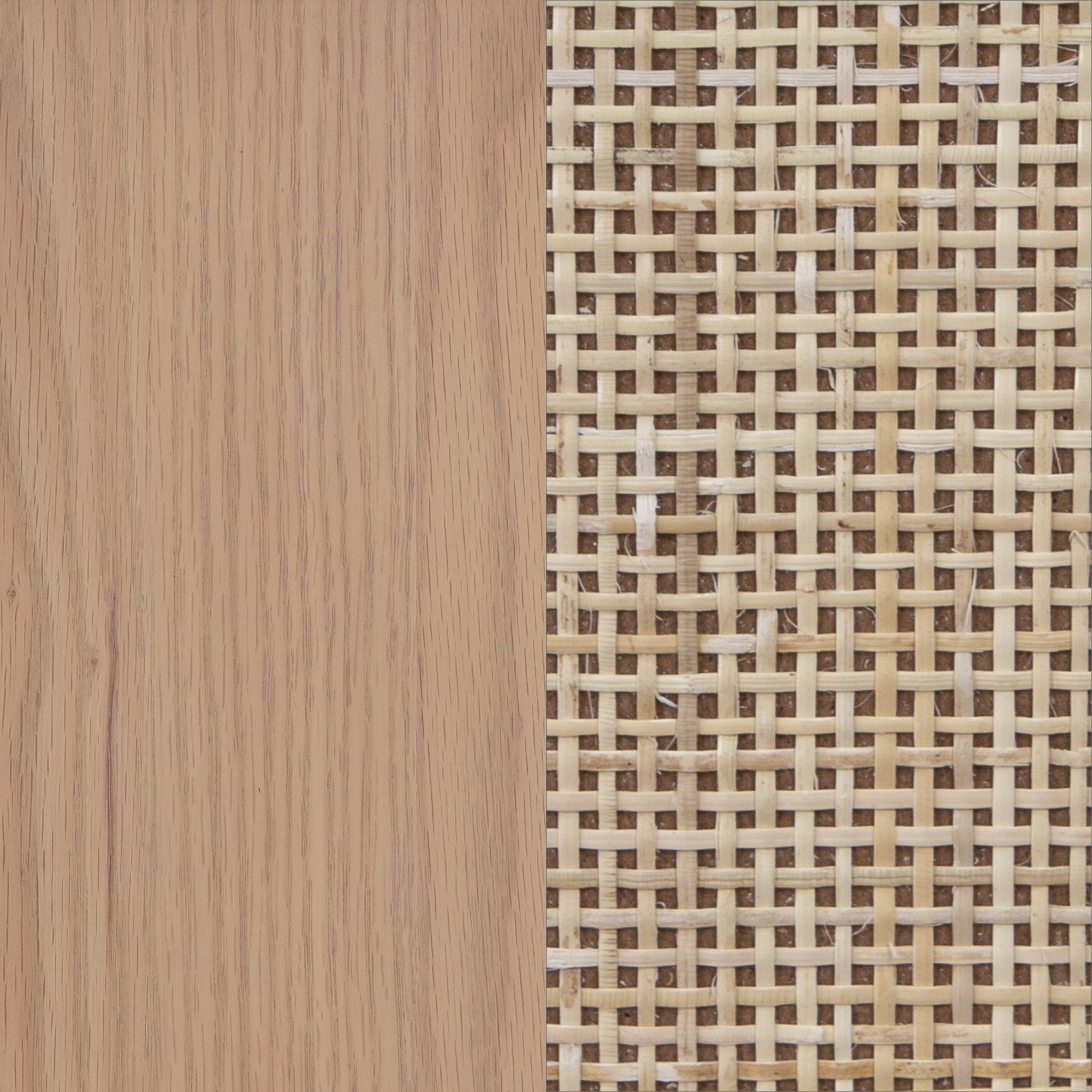 Split image showing two textures side by side: smooth, light wooden surface on the left and woven cane webbing in a crisscross pattern on the right. Both feature natural beige and tan tones.