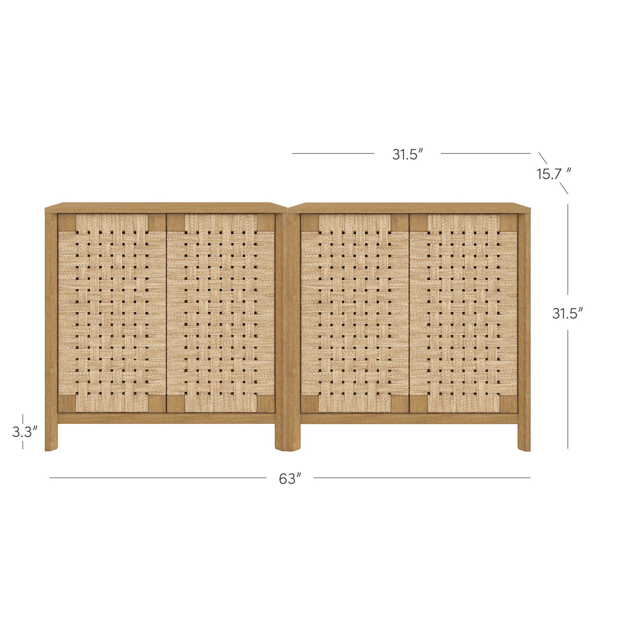A wooden sideboard with woven cane doors, measuring 63 inches wide, 31.5 inches high, and 15.7 inches deep. The image shows front dimensions and side profile measurements.