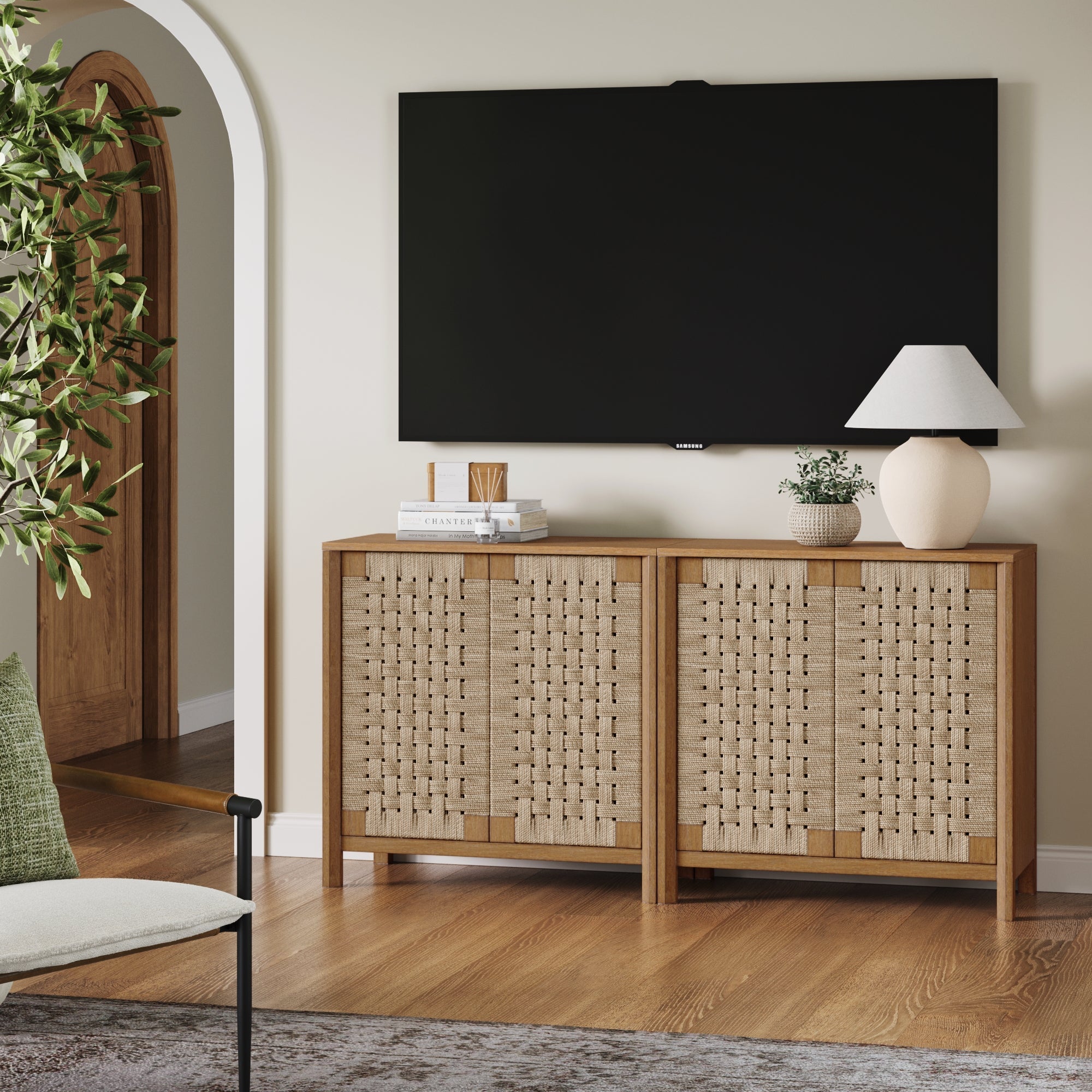 Woven Seagrass TV Console Cabinet for TVs 55 - 65" Light Brown - Nathan James
