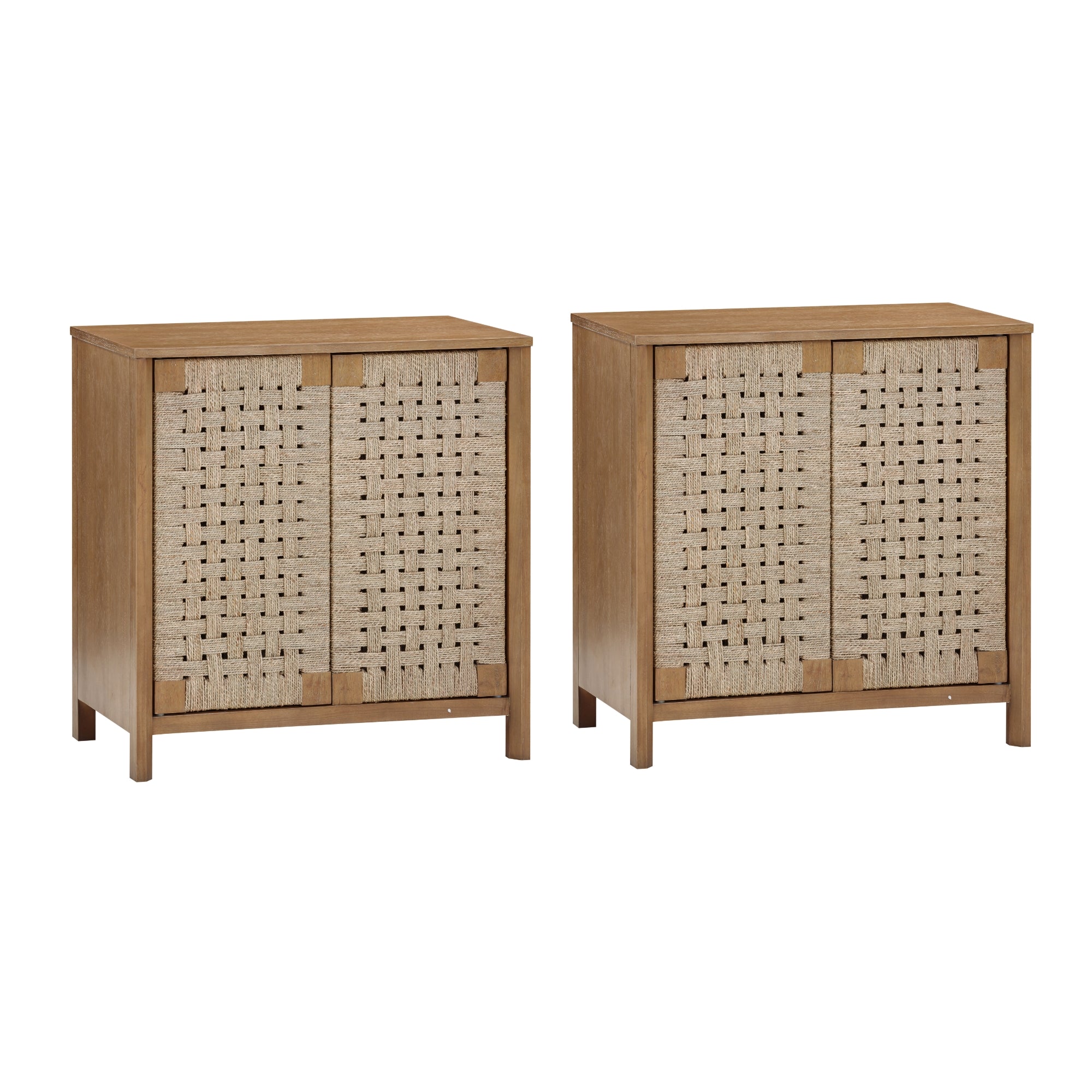 Two wooden cabinets with woven rattan doors, each featuring a rectangular shape and four short legs. The cabinets are shown side by side against a plain white background.