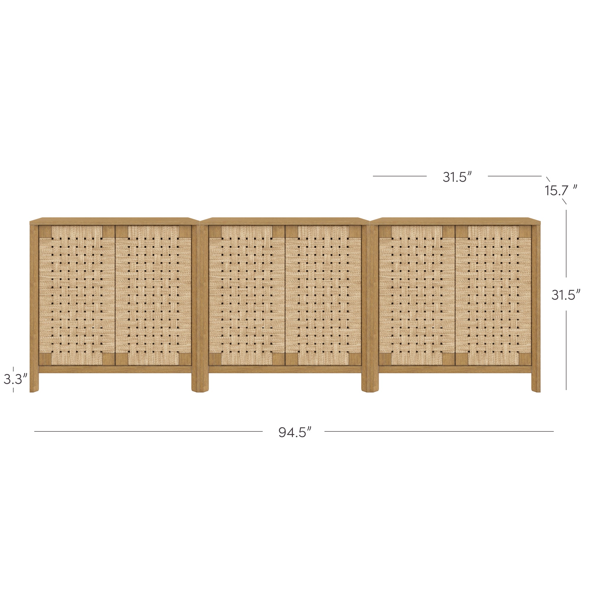 Rectangular wooden sideboard with four woven panel doors. Dimensions are labeled: width 94.5, height 31.5, depth 15.7, and 3.3 leg height. Simple, modern design.