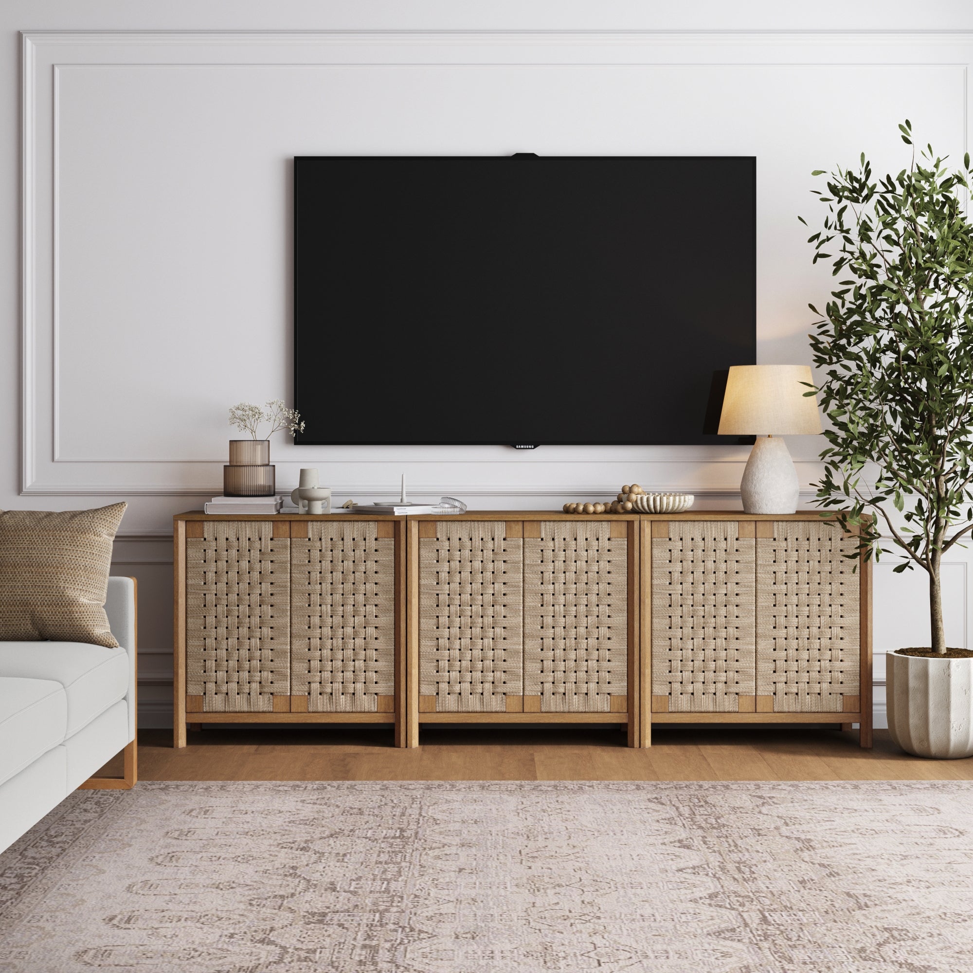 Woven Seagrass TV Console Cabinet for TVs 75 - 85" Light Brown - Nathan James