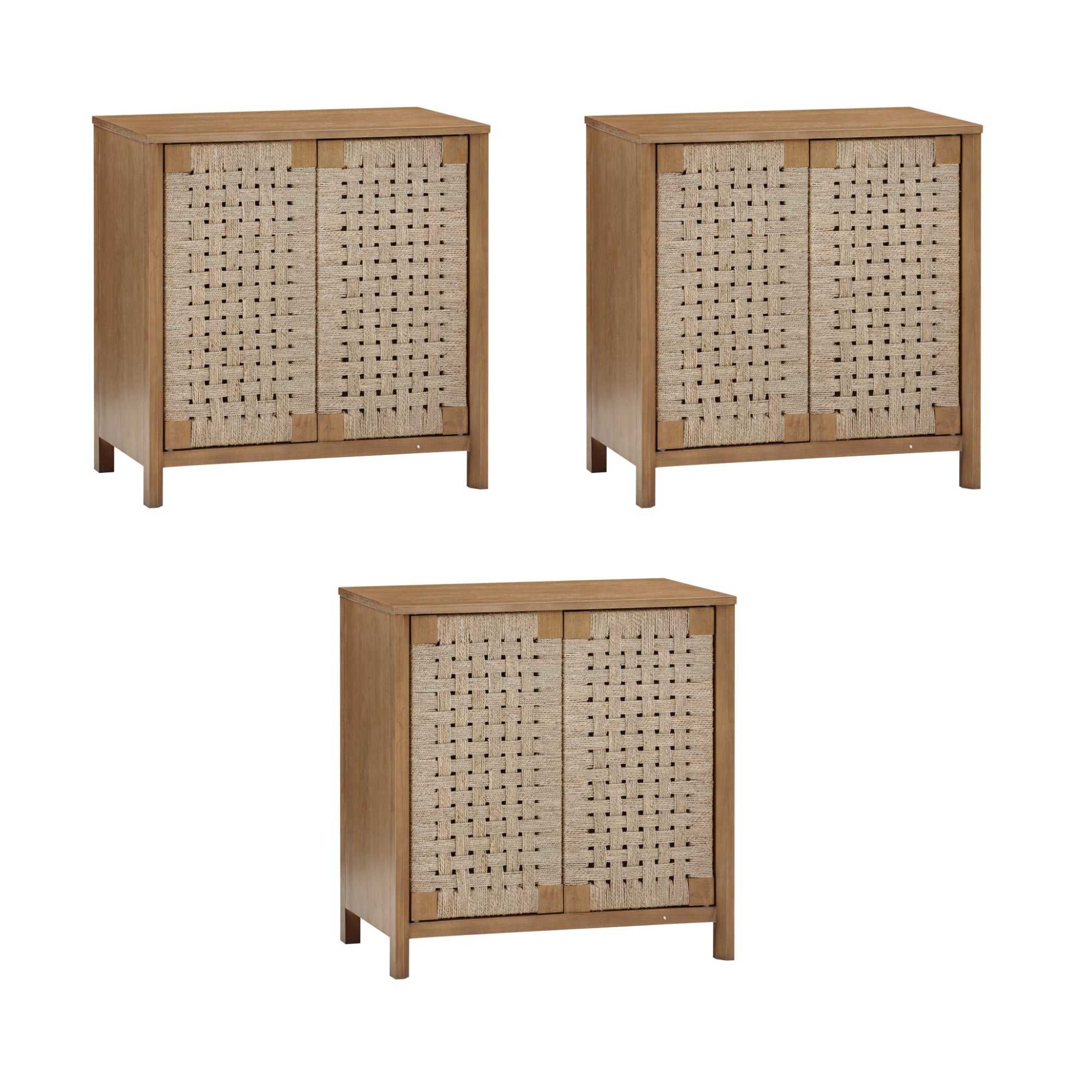 Three wooden cabinets with woven rattan double doors, shown from slightly different angles, against a white background. The cabinets have a natural wood finish and simple, modern design.