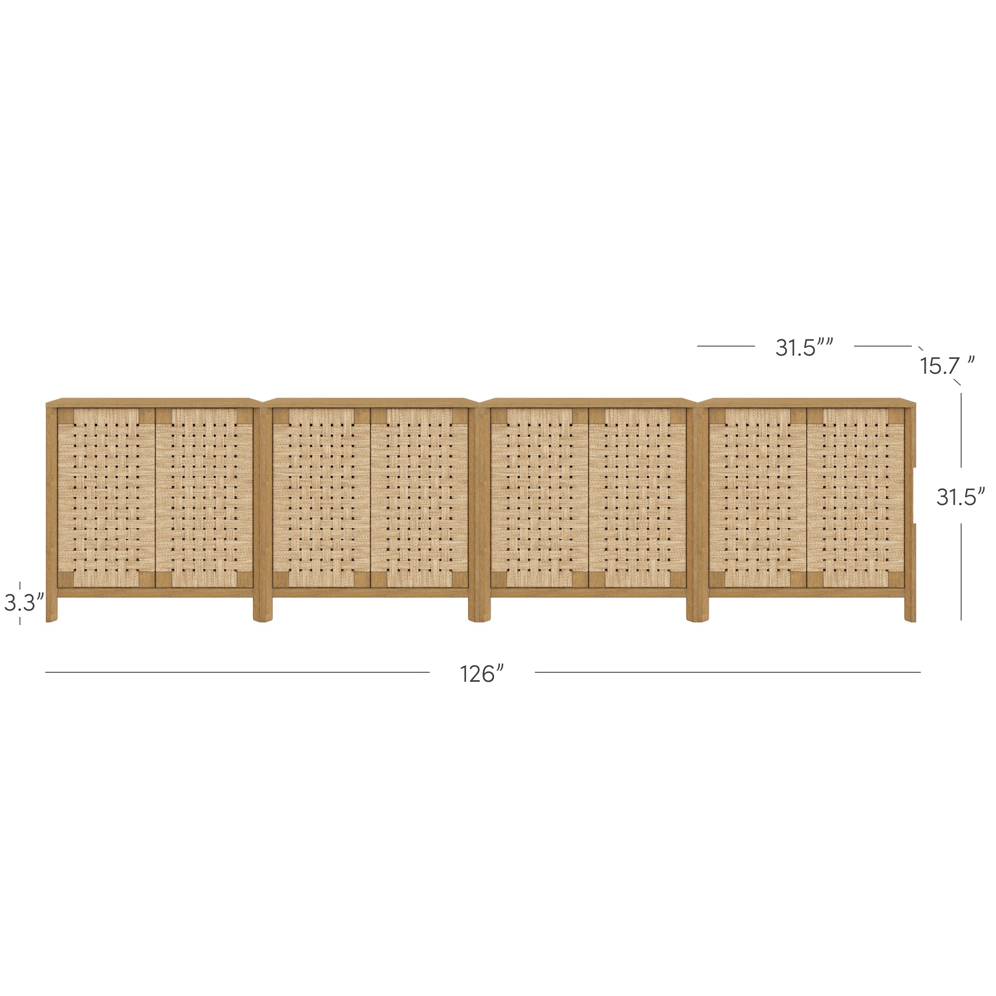 Long wooden sideboard with four sections, rattan panel doors, and dimensions labeled: 126 wide, 31.5 tall, 15.7 deep, and 3.3 ground clearance.