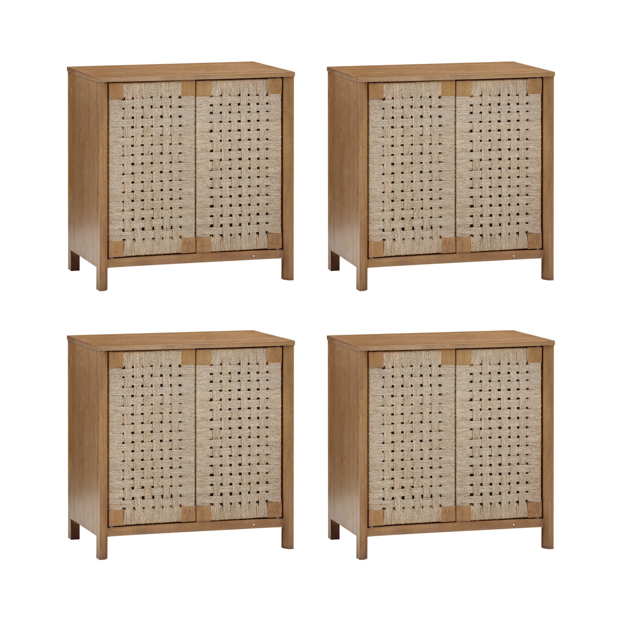 Set of four wooden cabinets with woven rattan front doors, each featuring a natural wood finish and simple, modern design. The cabinets are arranged in a two-by-two grid on a white background.