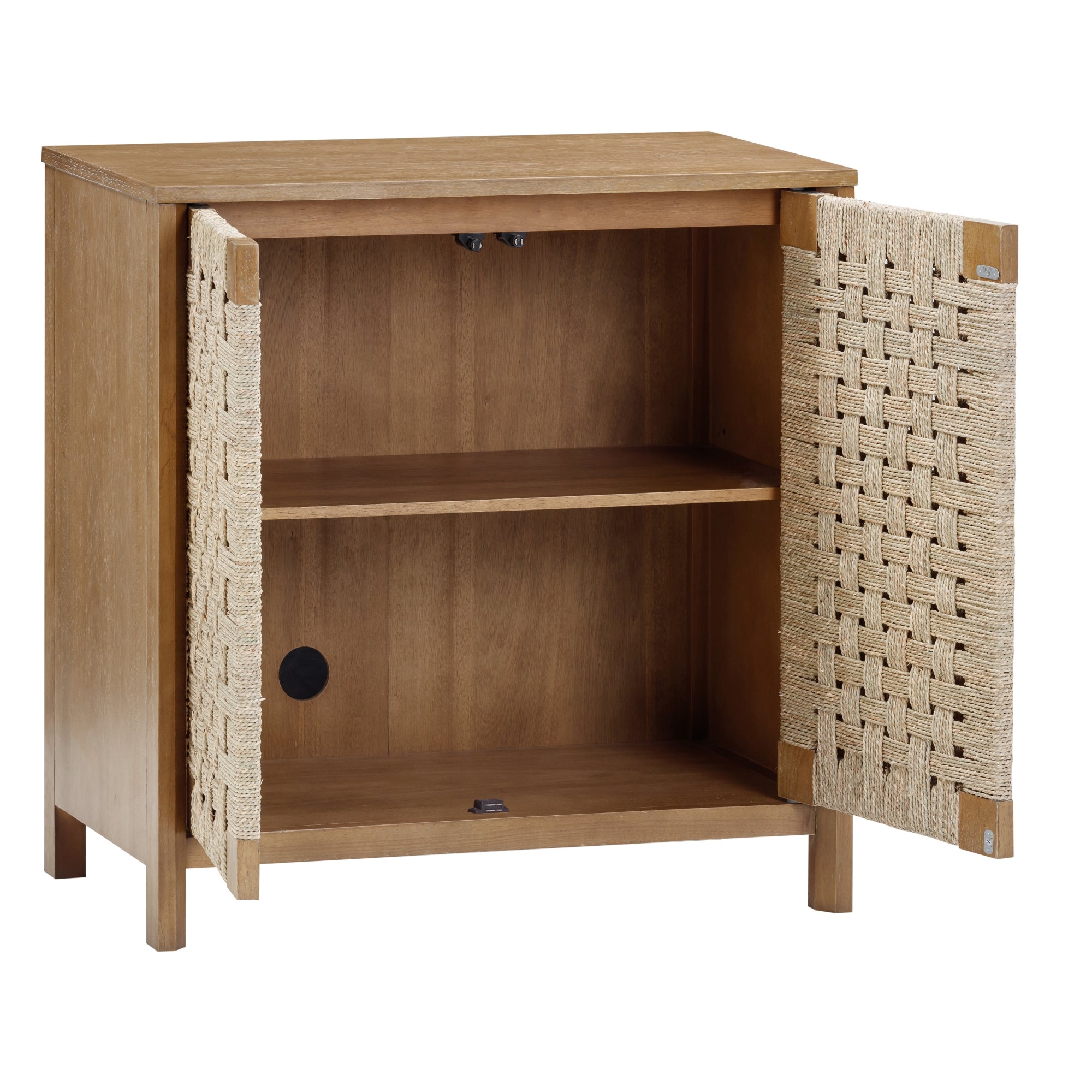 A wooden cabinet with two woven rattan doors, both open to reveal an interior shelf and a circular cable hole in the back panel.