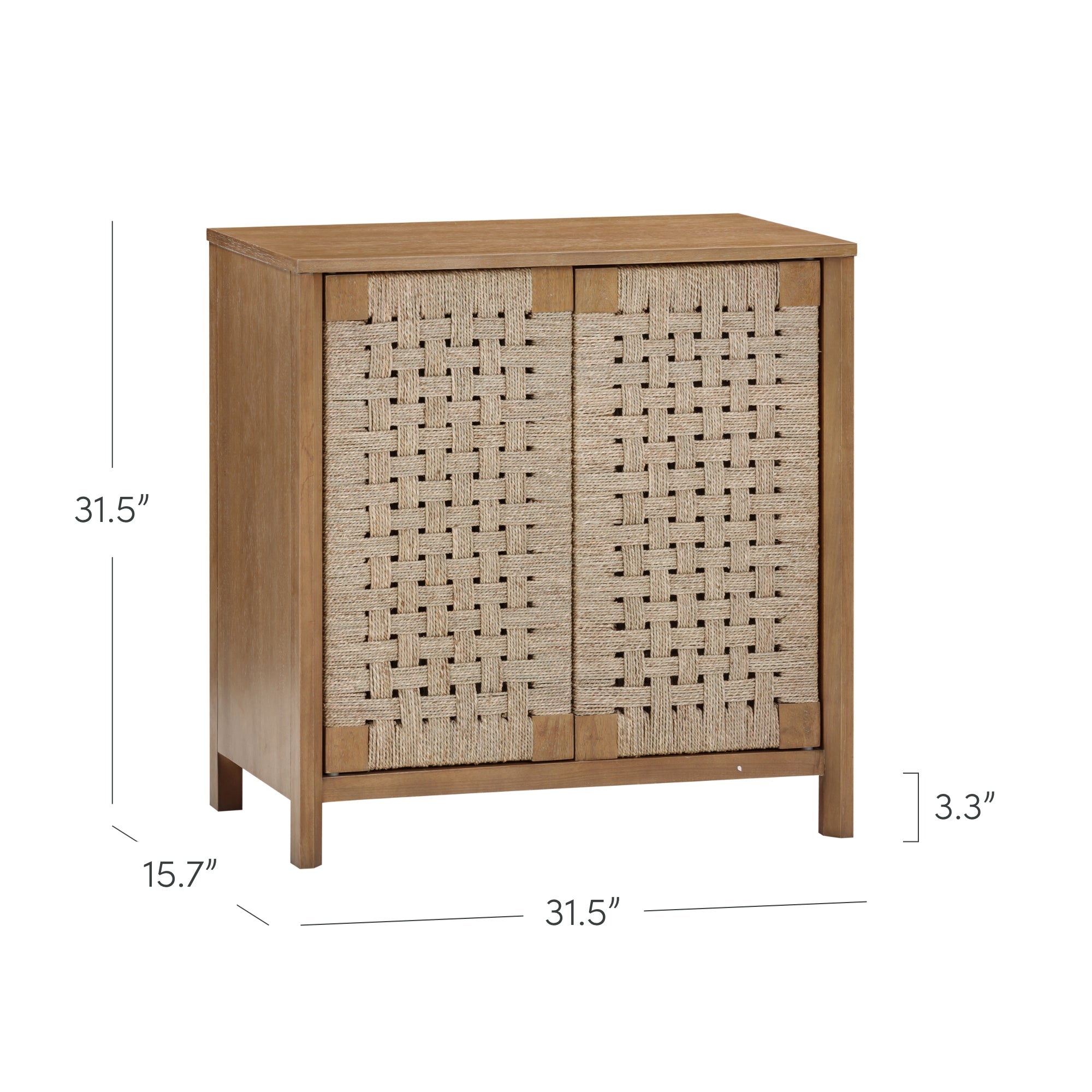 A wooden cabinet with two woven front doors, measuring 31.5 inches tall, 31.5 inches wide, and 15.7 inches deep. The bottom clearance from the floor is 3.3 inches.