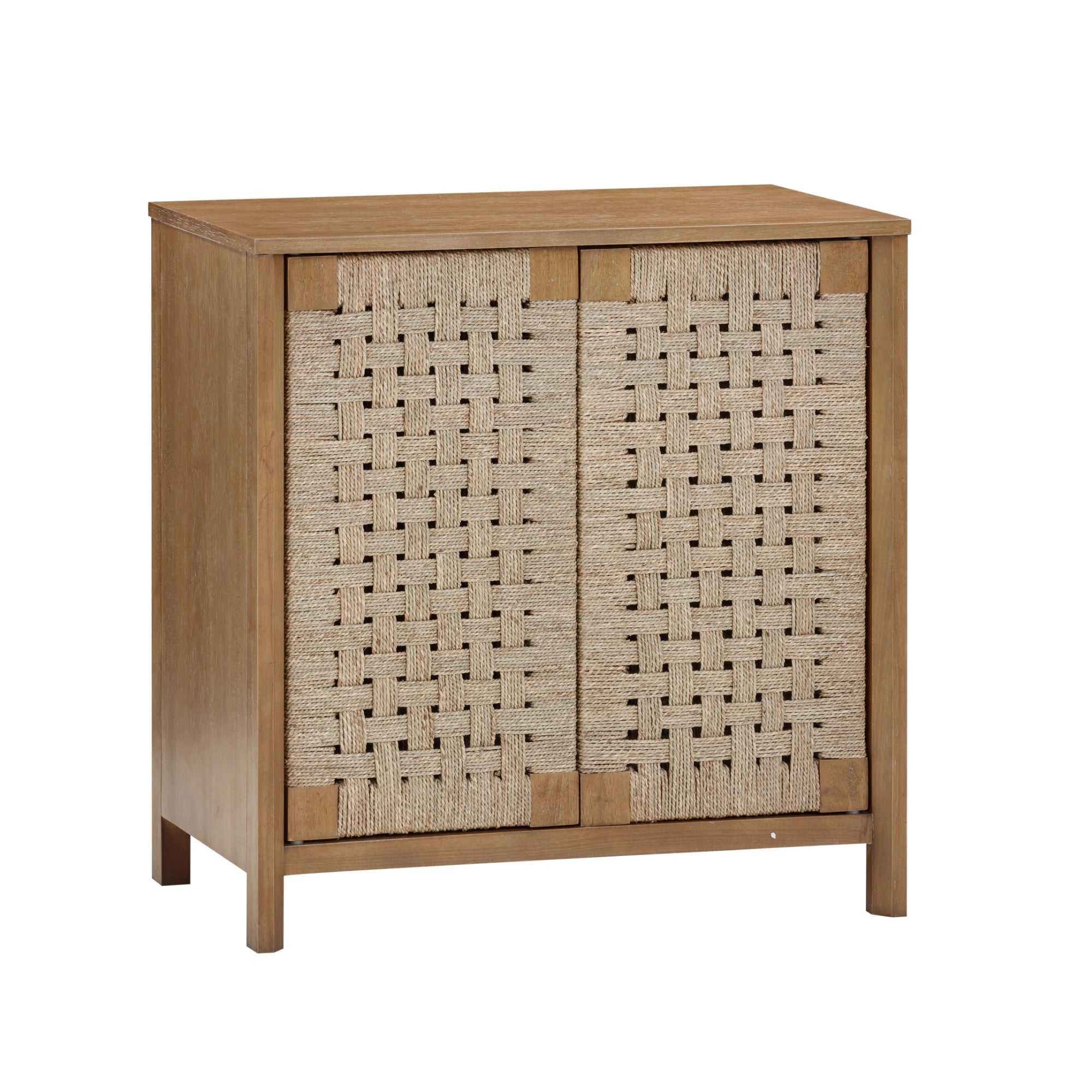 A wooden cabinet with two doors featuring a woven beige pattern. The cabinet is rectangular with a simple, modern design, and stands on four short legs.