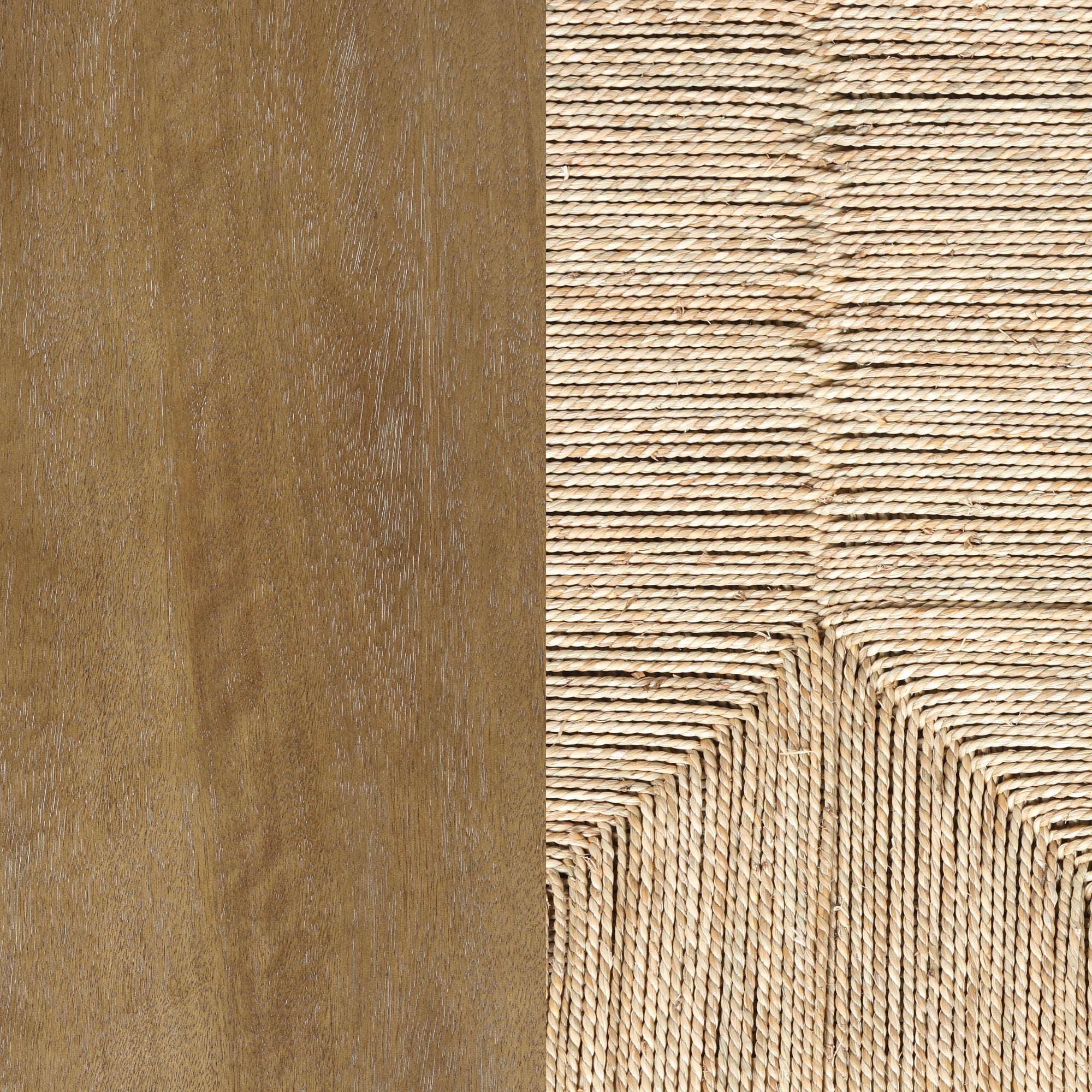 Split image: left side shows smooth, brown wood grain; right side shows tightly woven beige rope in a geometric, zigzag pattern.