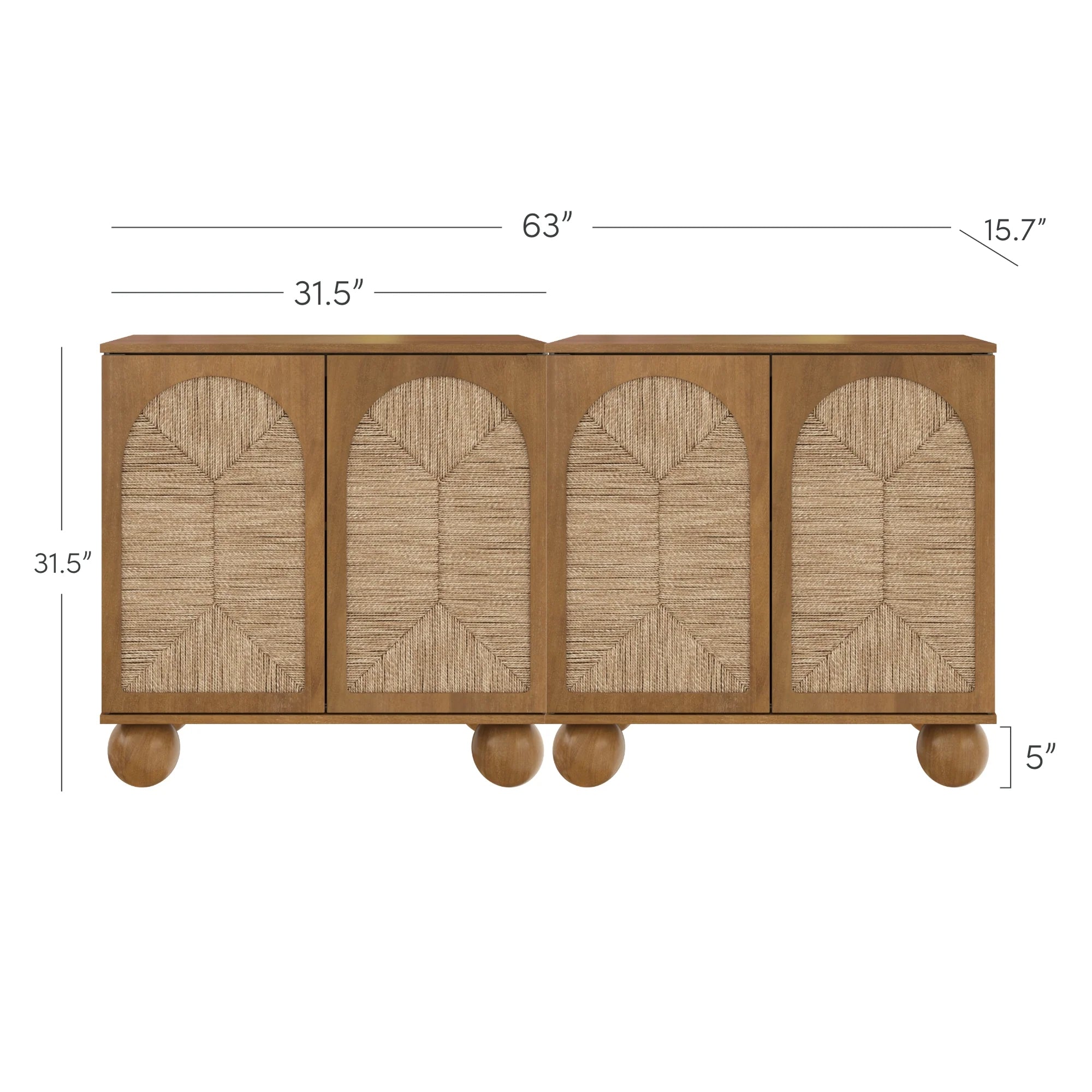 A wooden sideboard cabinet with four doors featuring woven textured panels, rounded corners, and large spherical legs. Dimensions shown: 63” wide, 31.5” tall (plus 5” legs), and 15.7” deep.