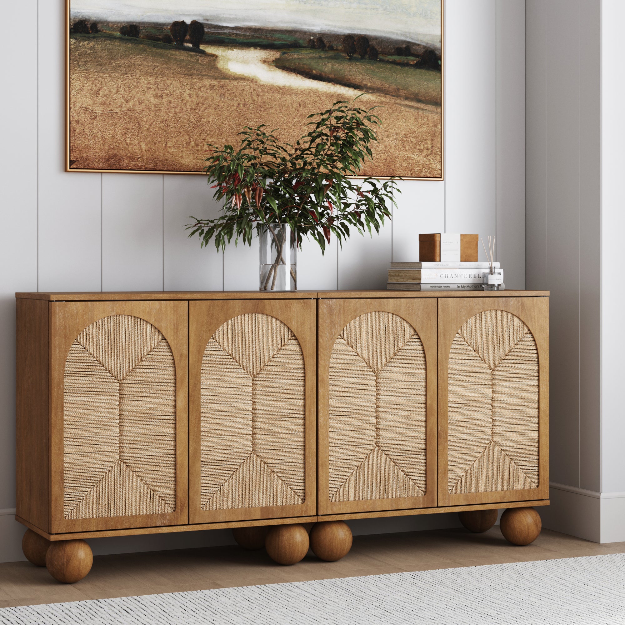 Seagrass Arched Storage Cabinet Credenza Light Brown (Set of 2)