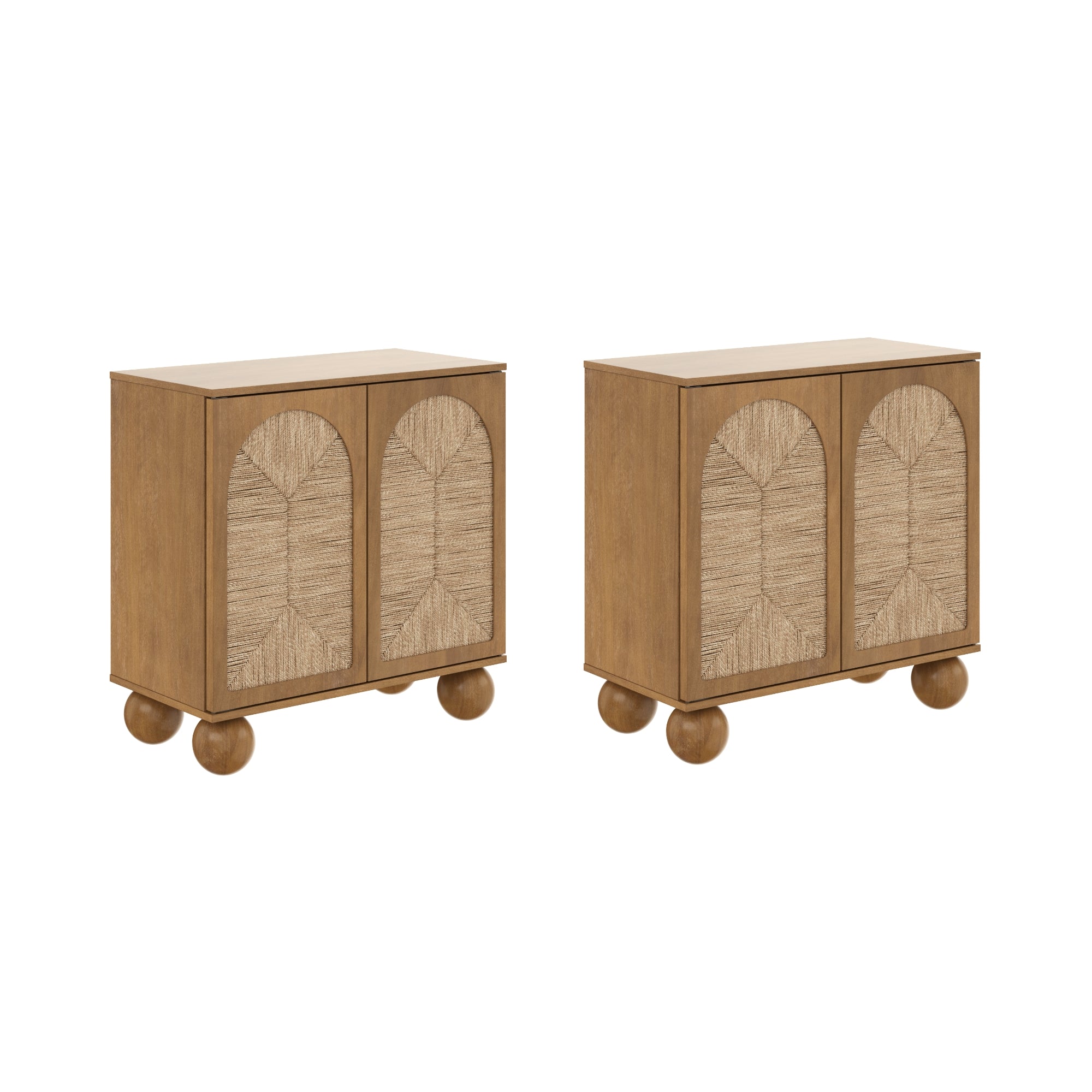 Two matching wooden cabinets with large round feet and double doors featuring arch-shaped woven panels on the front, placed side by side against a white background.