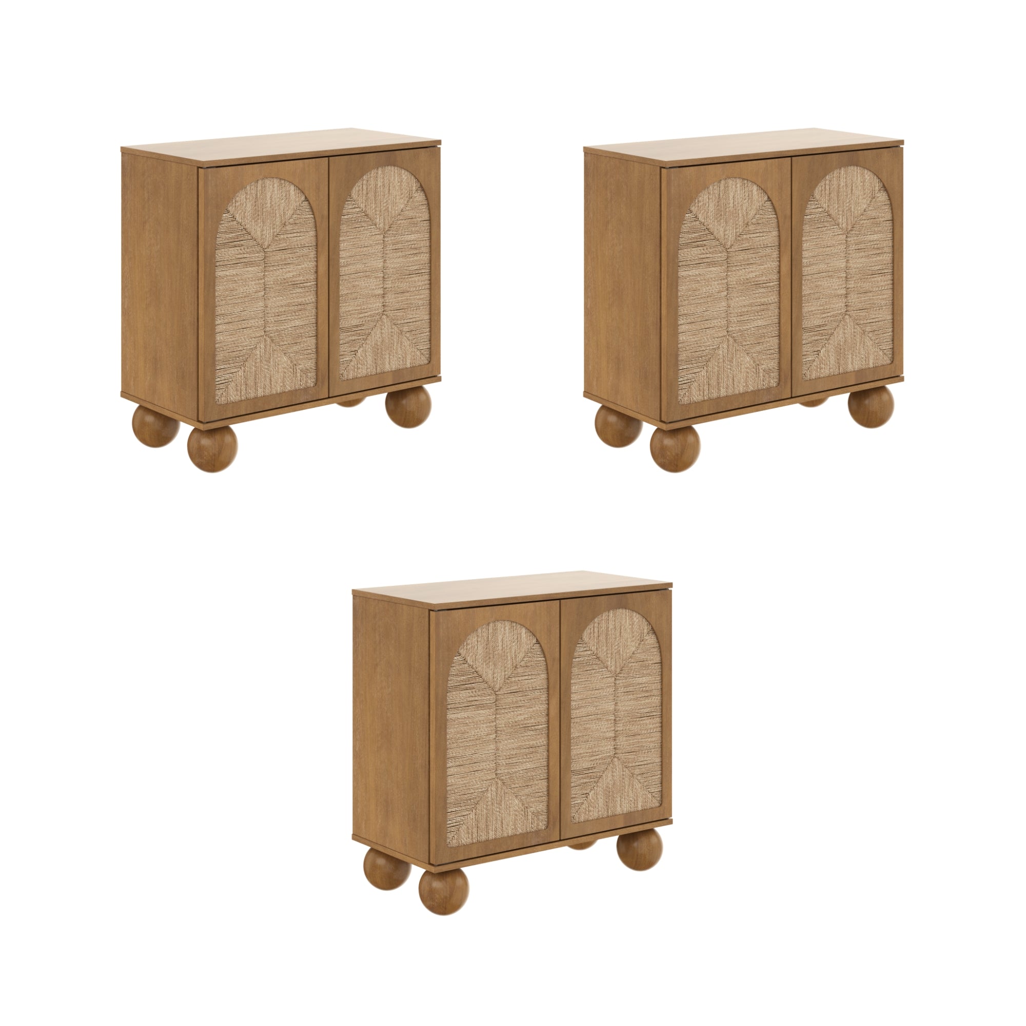 Three identical wooden cabinets with rounded ball feet and textured, arched panel doors, arranged in a triangular pattern on a white background.