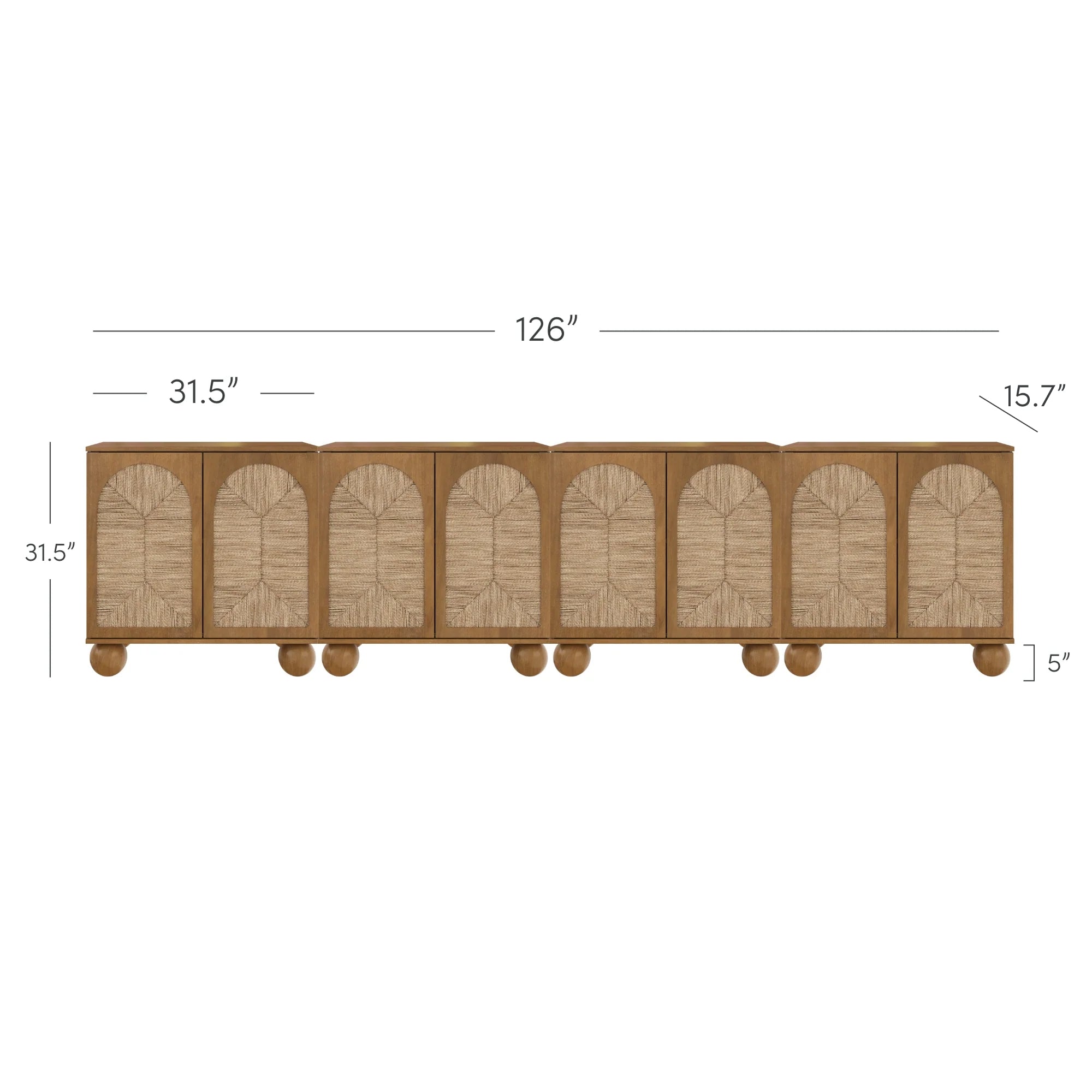 A long wooden sideboard with eight textured panel doors, rounded feet, and measurements labeled: 126 wide, 31.5 high, 31.5 wide per section, 15.7 deep, and 5 tall feet.