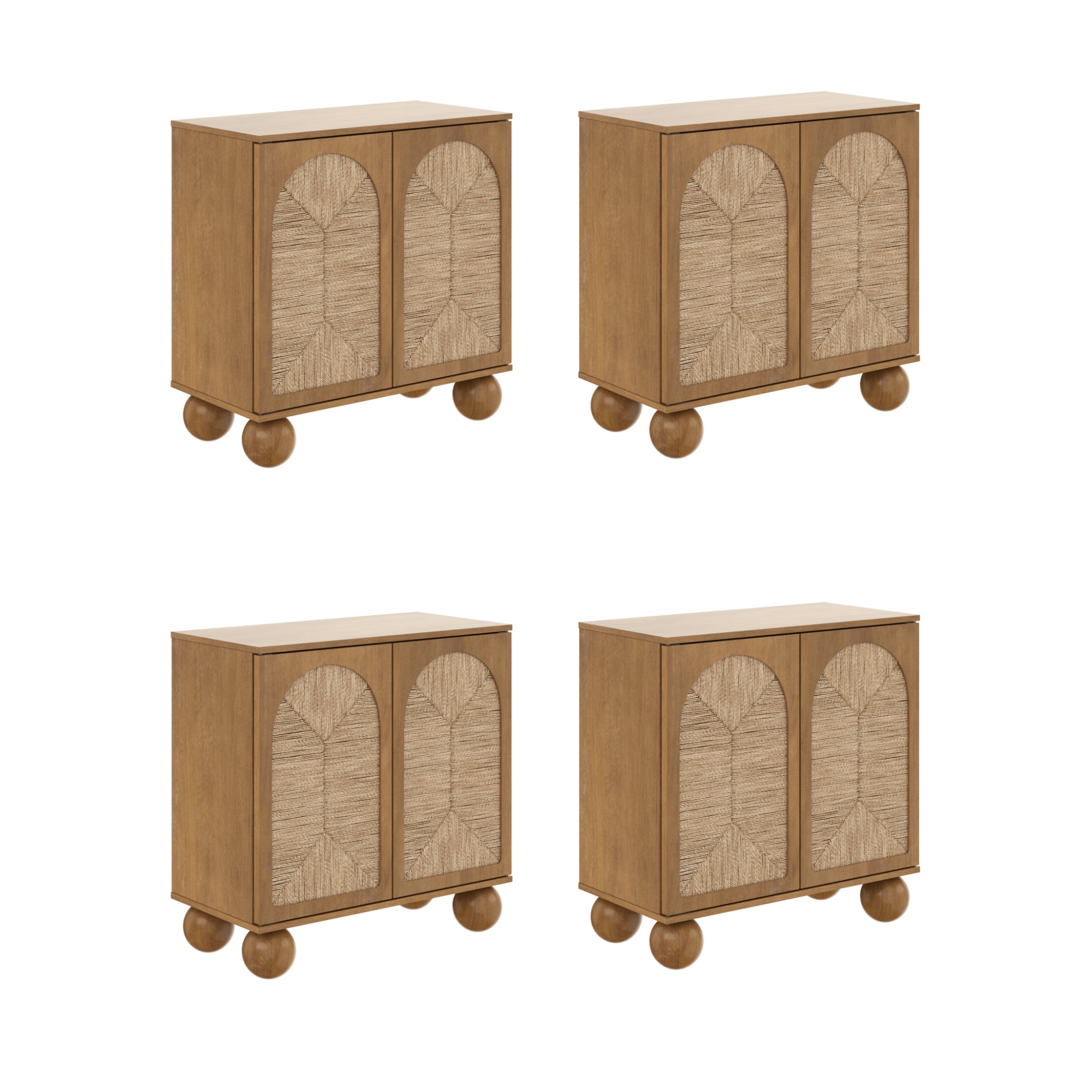 Four identical wooden cabinets with rounded legs and textured, arch-patterned doors are arranged in a 2x2 grid on a white background.