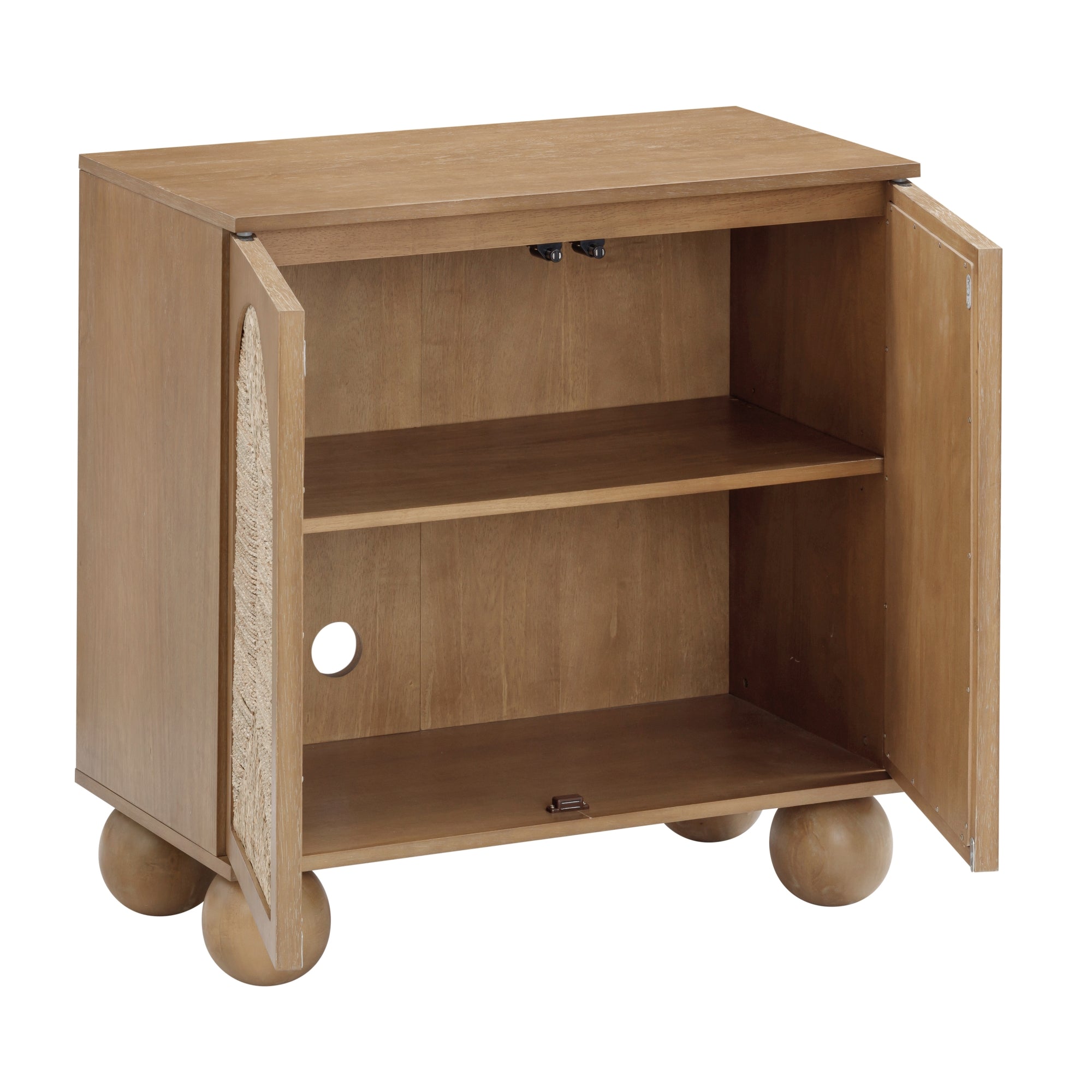 A wooden cabinet with two open doors, one interior shelf, a circular cable hole in the back panel, and four round ball-shaped legs. The cabinet has a natural wood finish and a simple, modern design.