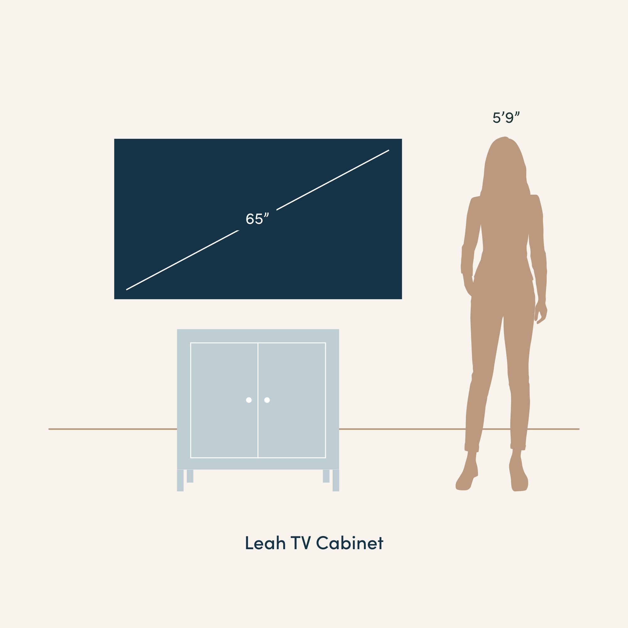 Illustration showing a 65-inch TV on a Leah TV cabinet next to the silhouette of a person who is 59 tall, to demonstrate scale and proportions.