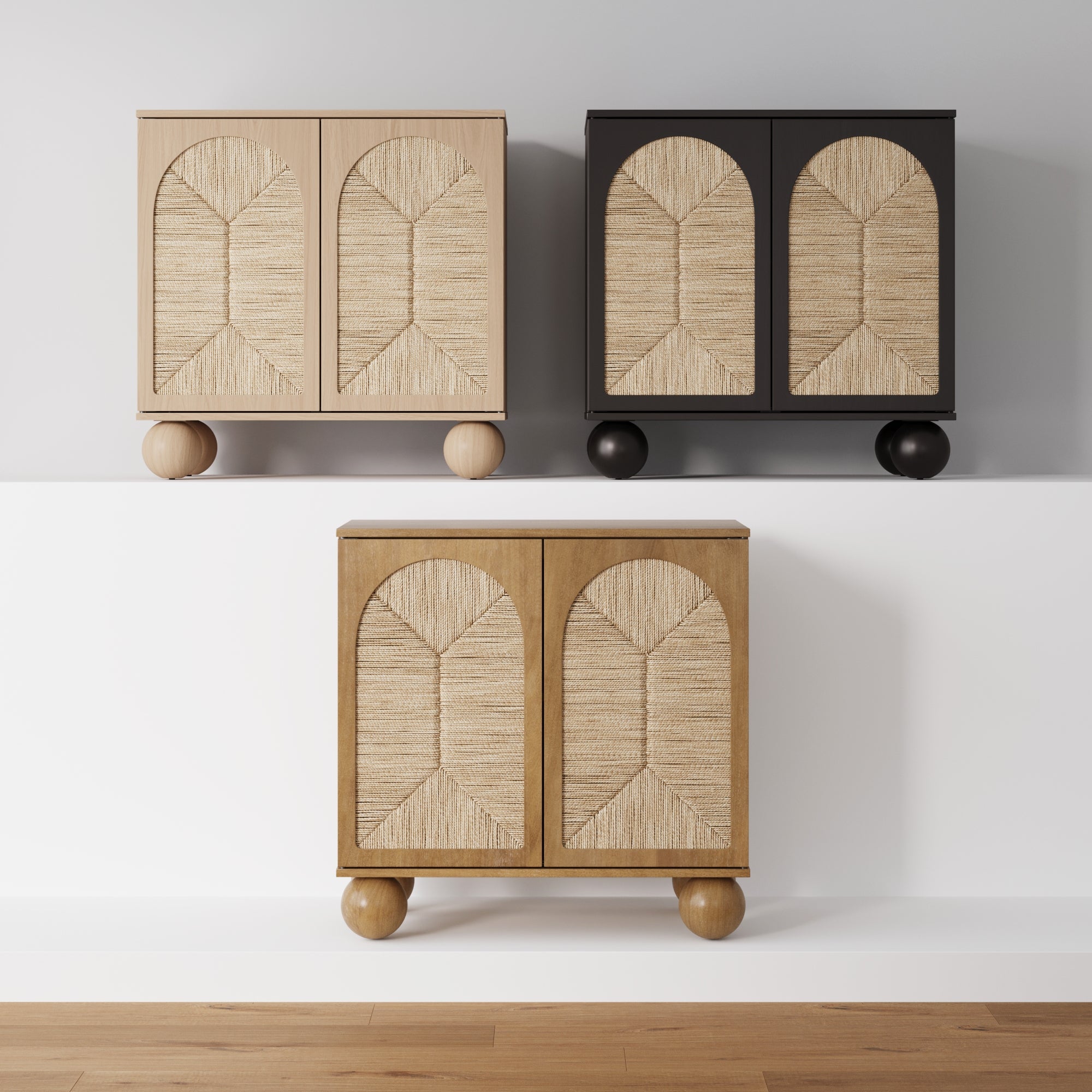 Three modern cabinets with round legs and textured doors, displayed on white platforms against a gray wall. The cabinets are in beige, black, and light wood finishes. Hardwood floor visible at the bottom.