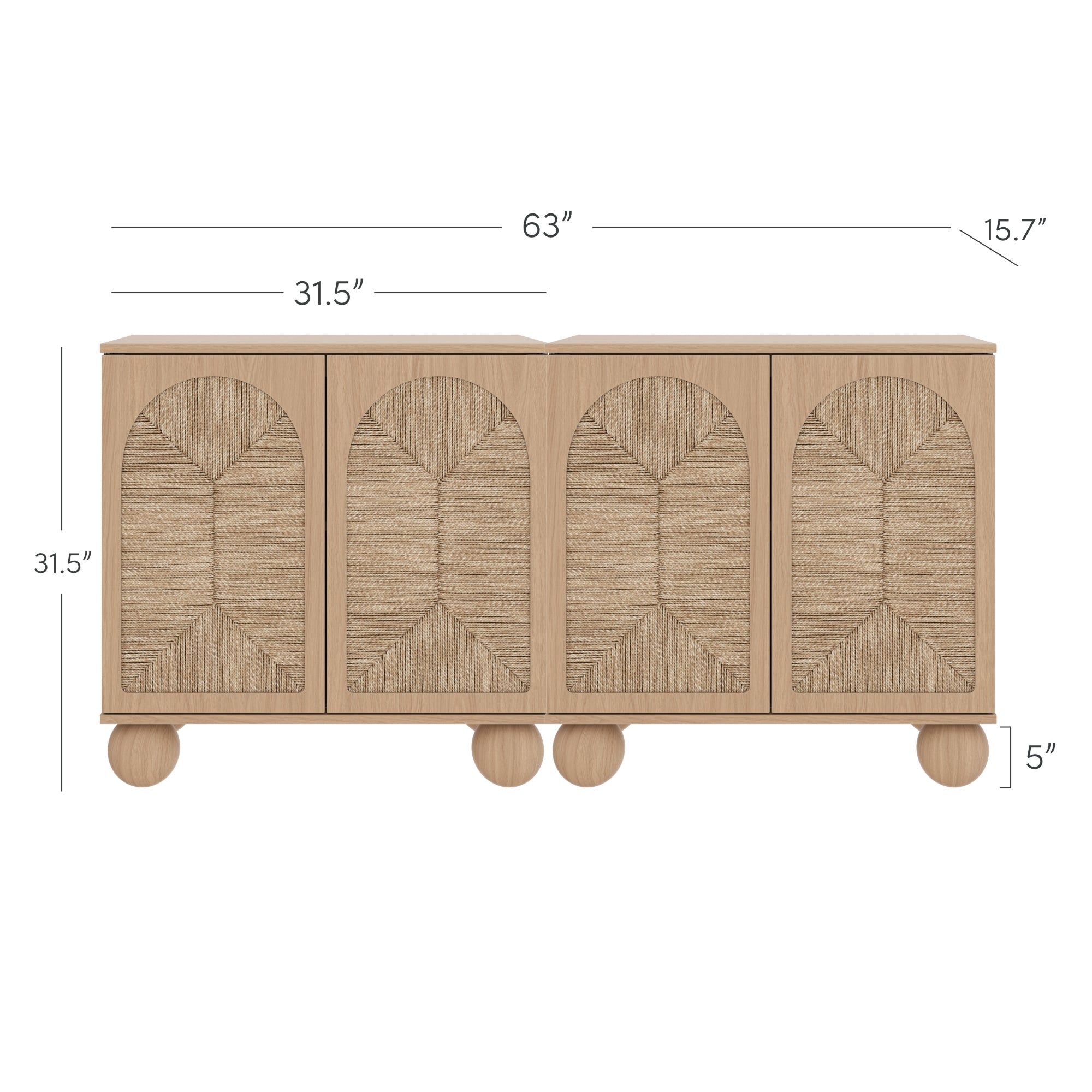 A light wood sideboard with four cabinet doors, rounded wooden feet, woven textured panels, and dimensions labeled: 63 wide, 31.5 tall, 15.7 deep, and 5 foot height.