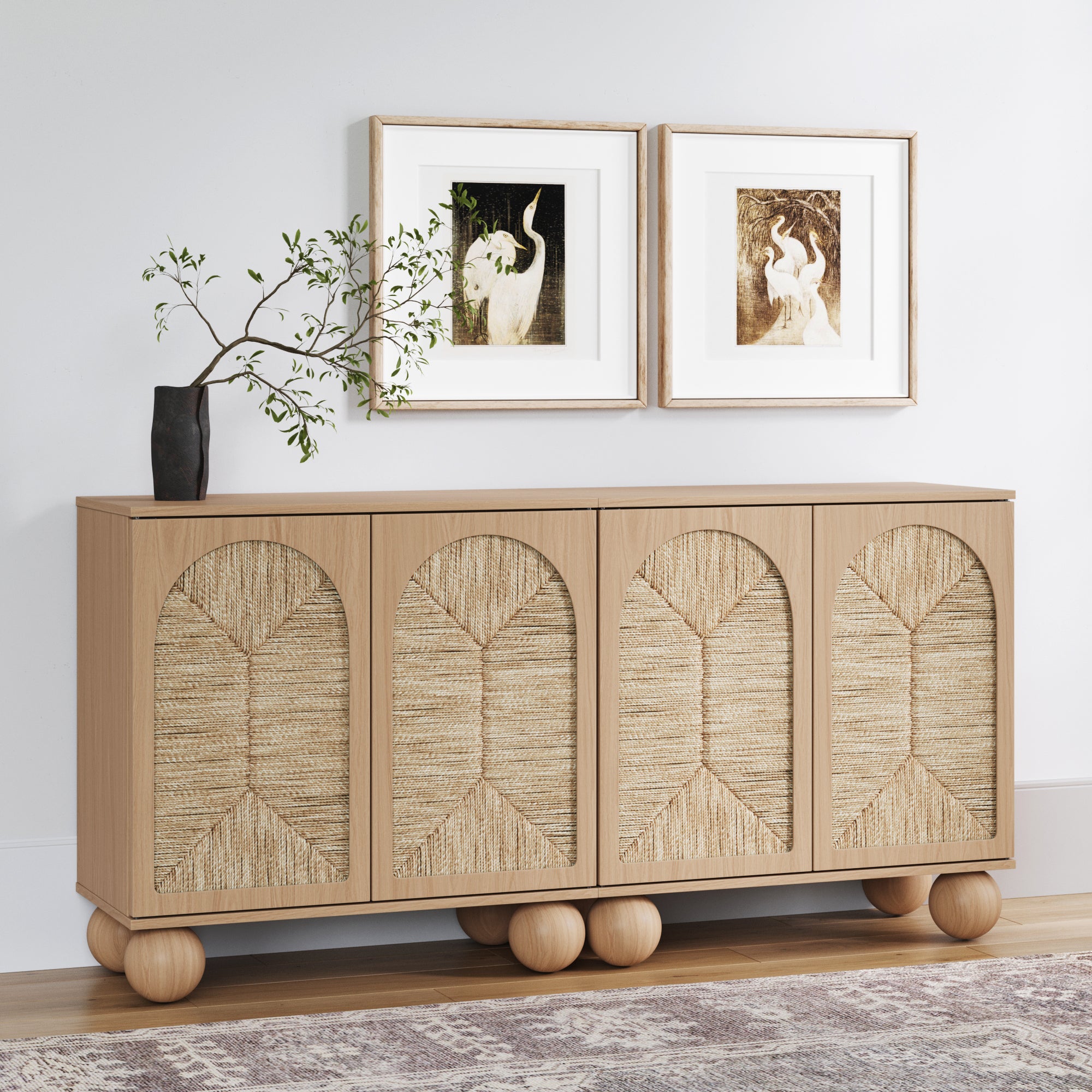 Seagrass Arched Storage Cabinet Credenza Raw Oak (Set of 2)