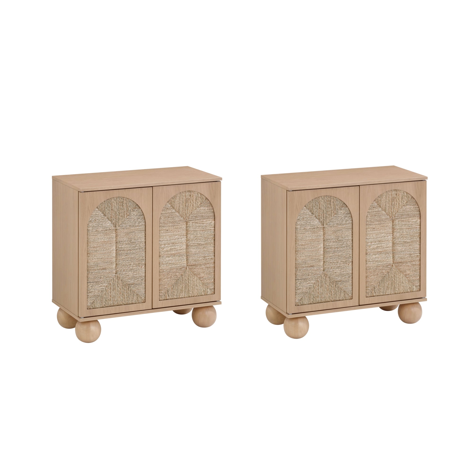 Two matching light wood cabinets with textured double doors and rounded ball-shaped legs, placed side by side against a white background.