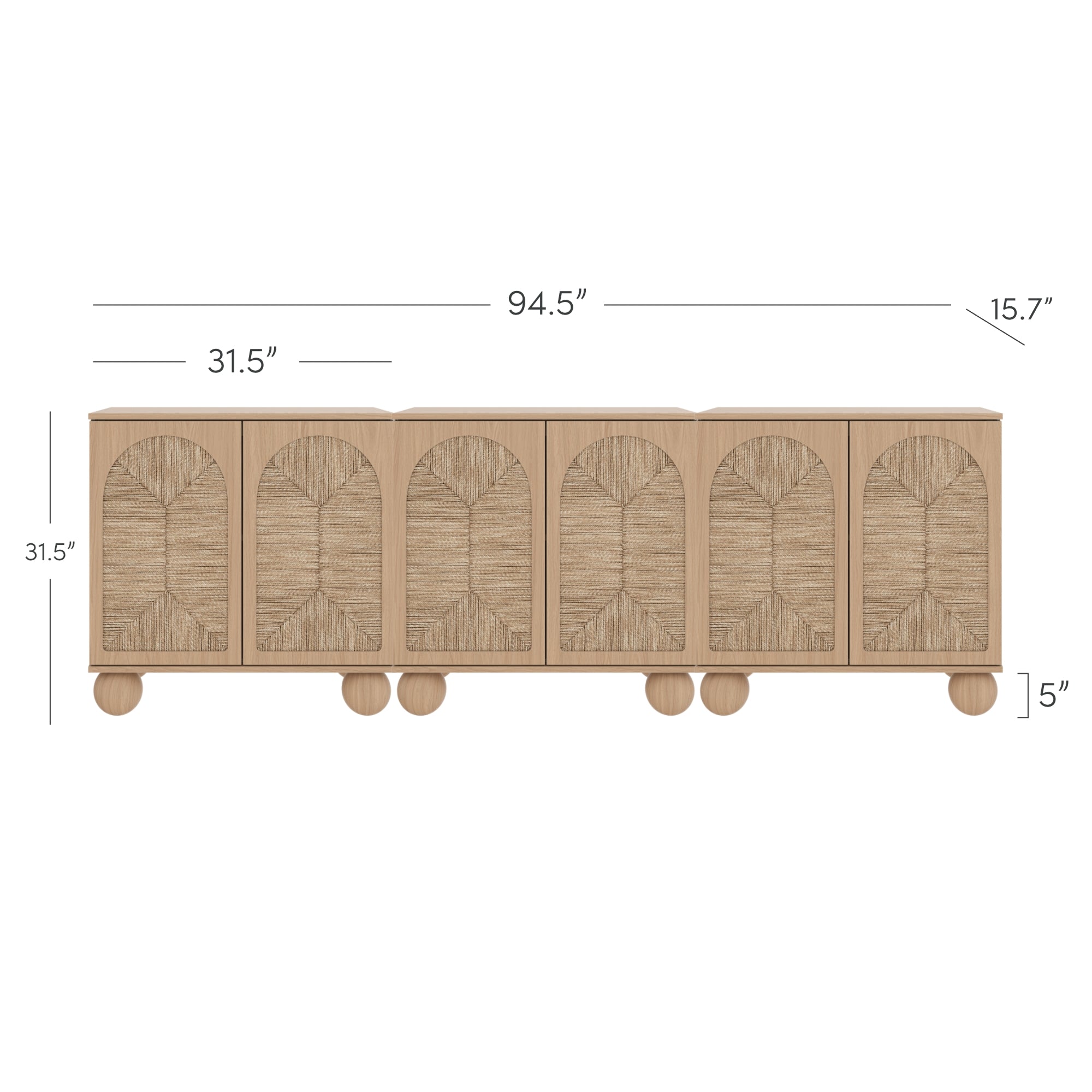 Light wood sideboard with six arched panel doors featuring textured designs; dimensions are 94.5 wide, 31.5 high, 15.7 deep, and base height is 5.