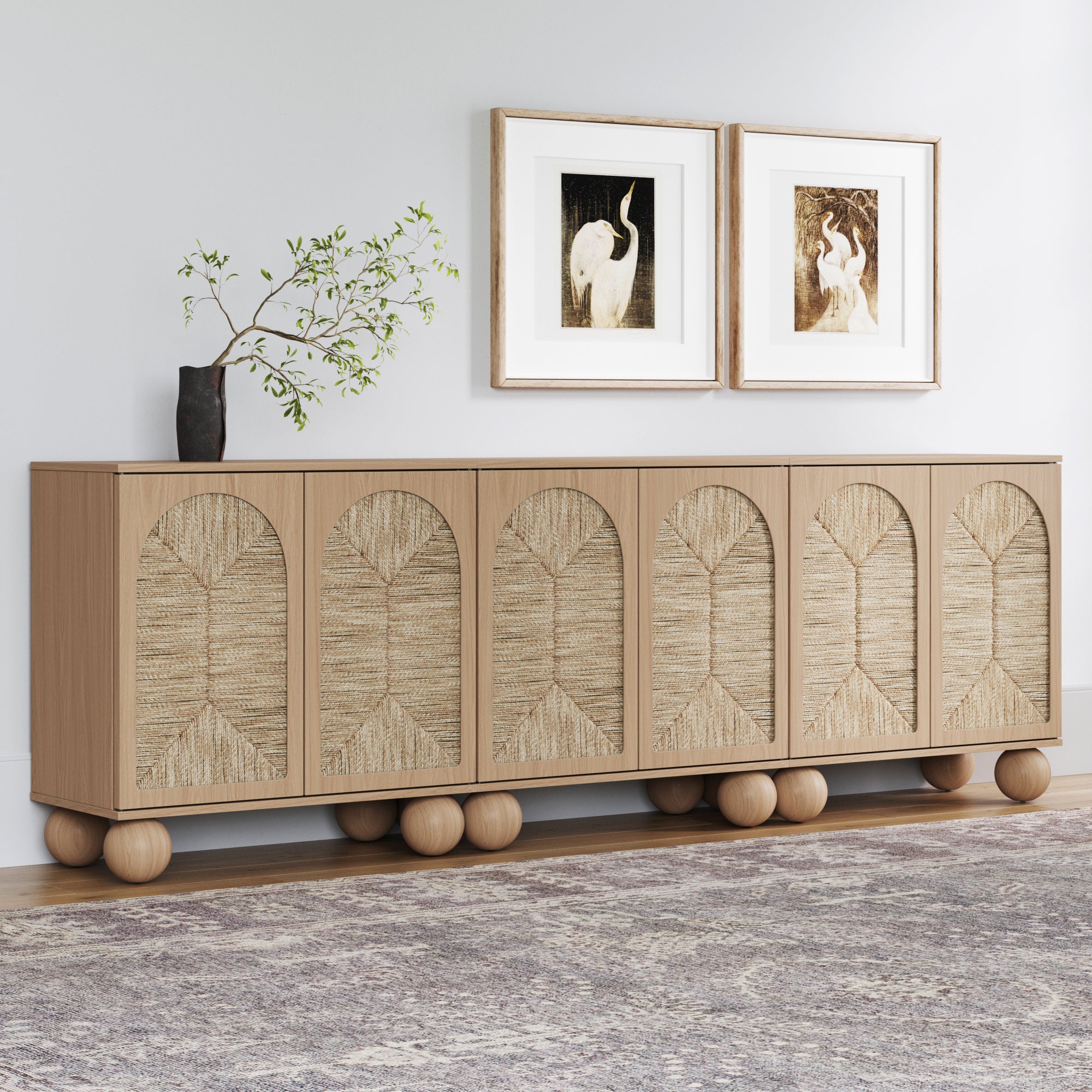 Seagrass Arched Storage Cabinet Credenza Raw Oak (Set of 3)