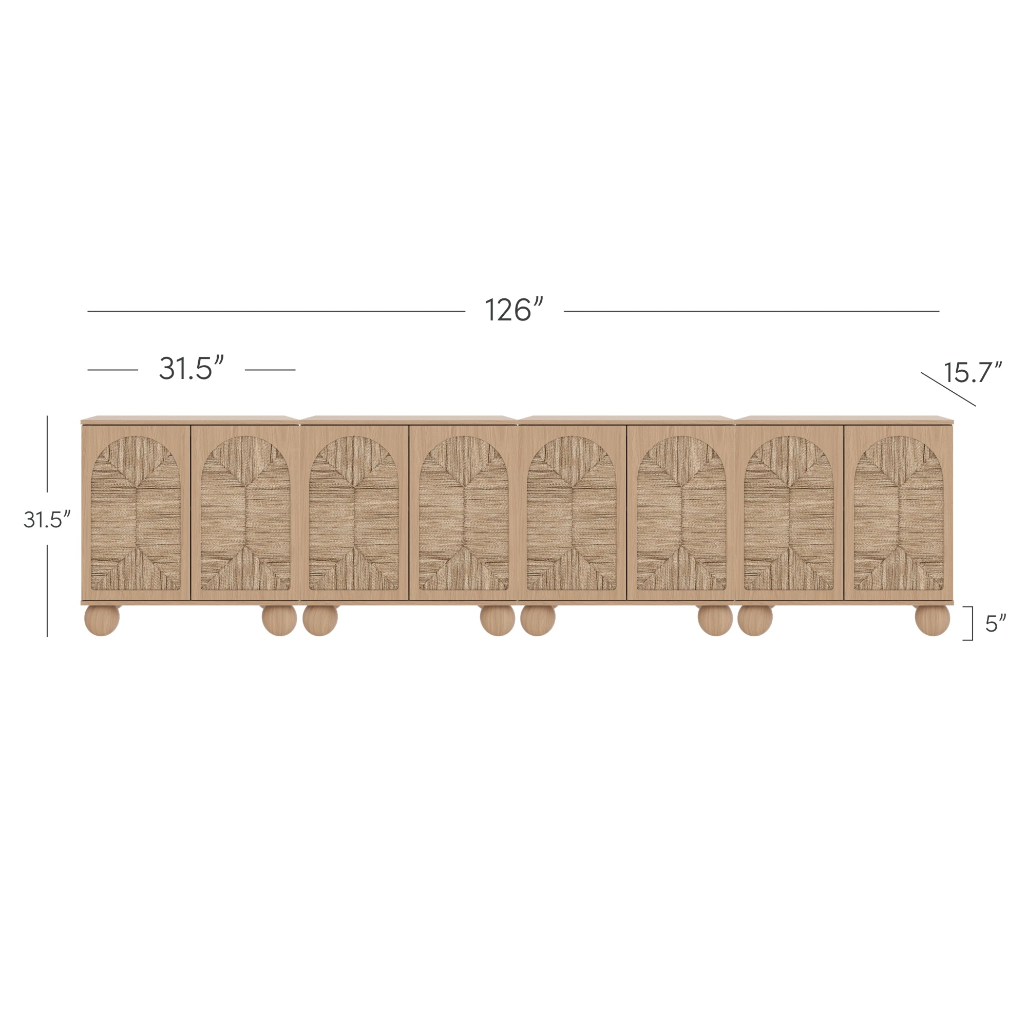 A wooden sideboard measuring 126 inches long, 31.5 inches tall, and 15.7 inches deep, with six doors featuring arched designs and round feet at the base. Measurements are shown above and beside the furniture.