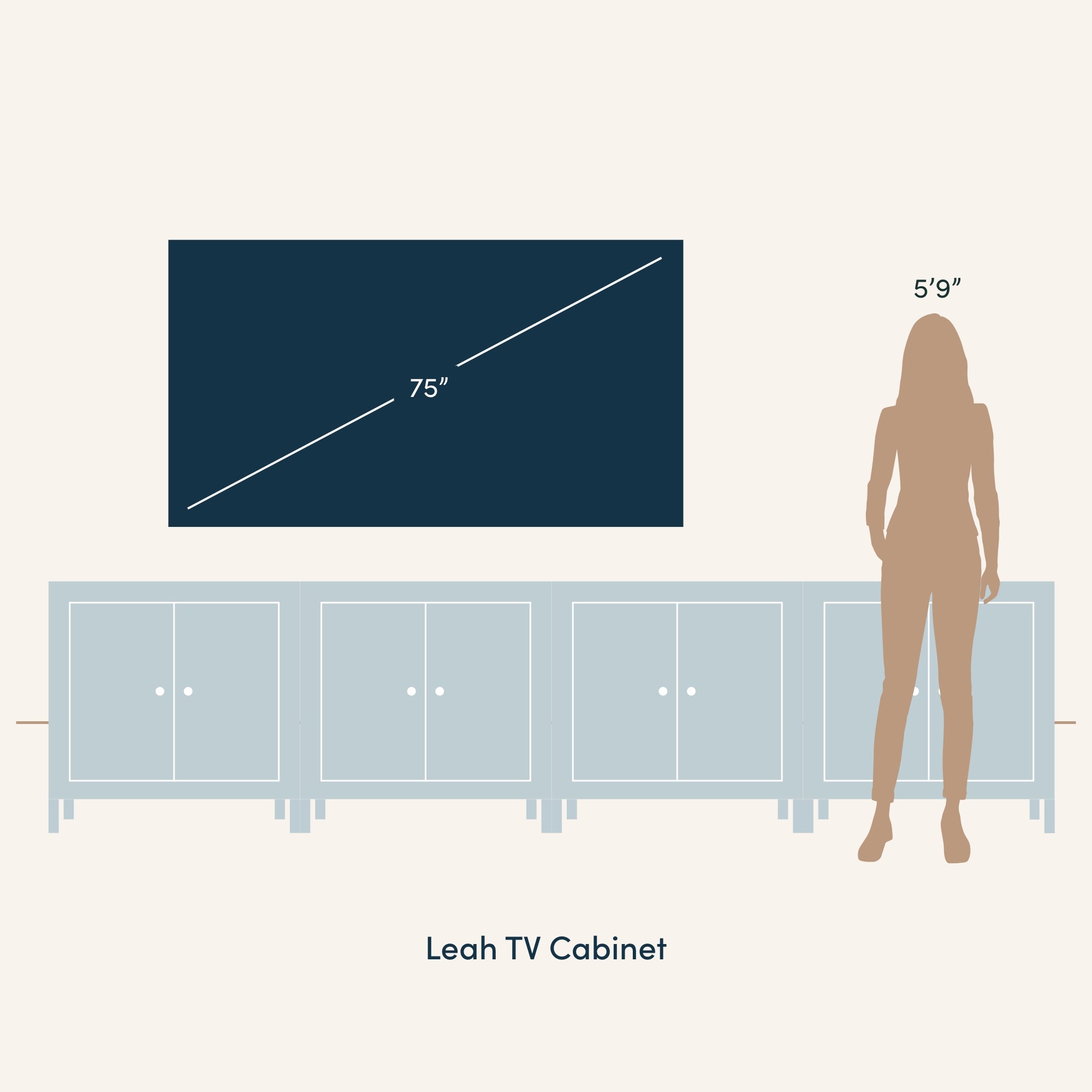 A 75-inch TV is mounted above a Leah TV cabinet, with a silhouette of a 59 person standing beside the cabinet for scale.