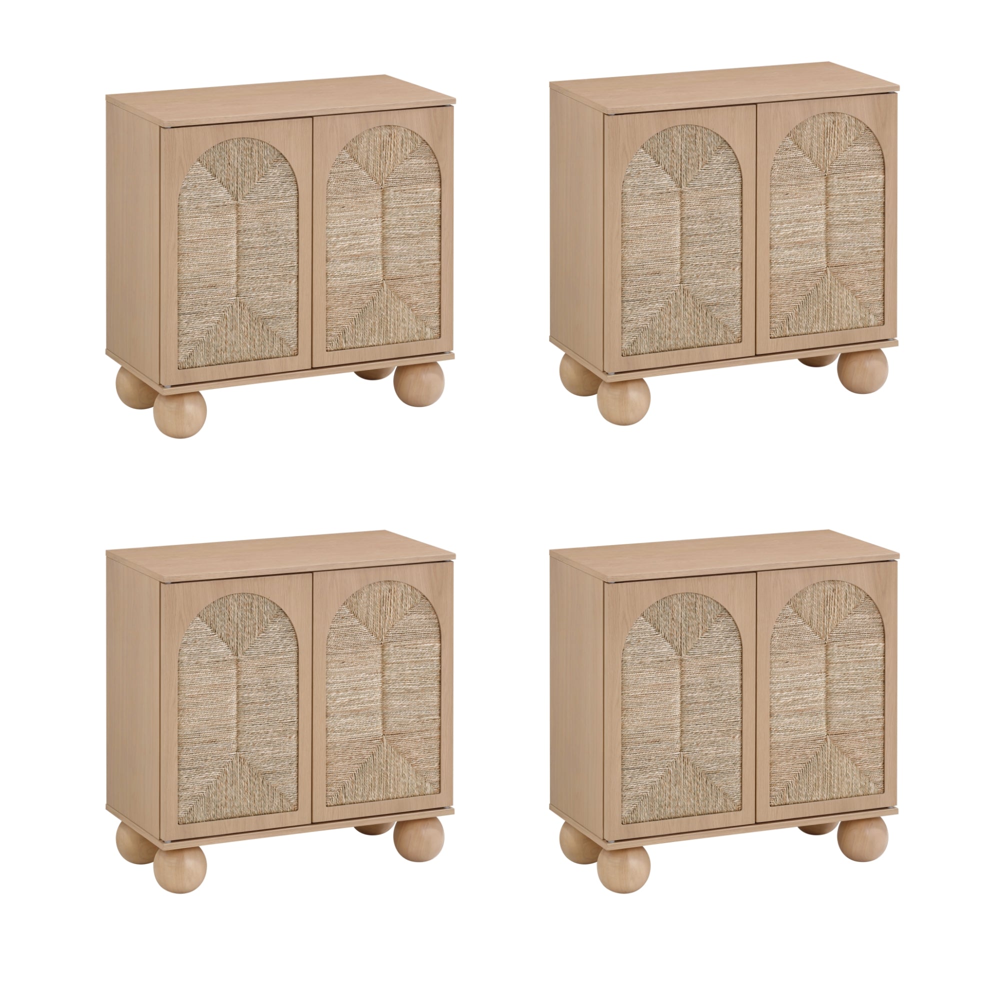 Four identical light wood cabinets with round ball-shaped feet and decorative woven panel doors, arranged in a two-by-two grid on a white background.