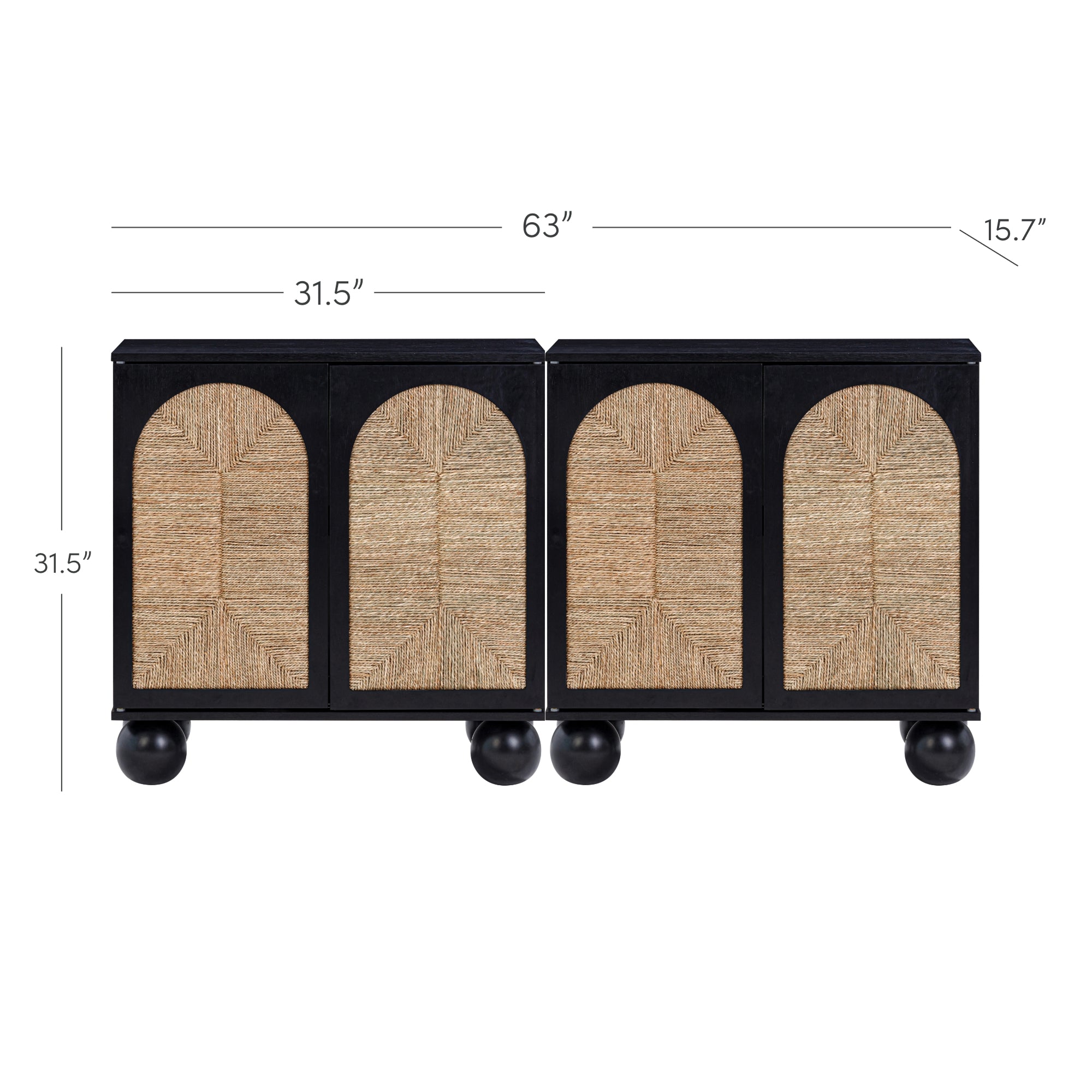 Black wooden sideboard with four cabinet doors featuring arched woven wicker panels. Dimensions are 63 wide, 31.5 high, and 15.7 deep. Each cabinet section measures 31.5 wide.