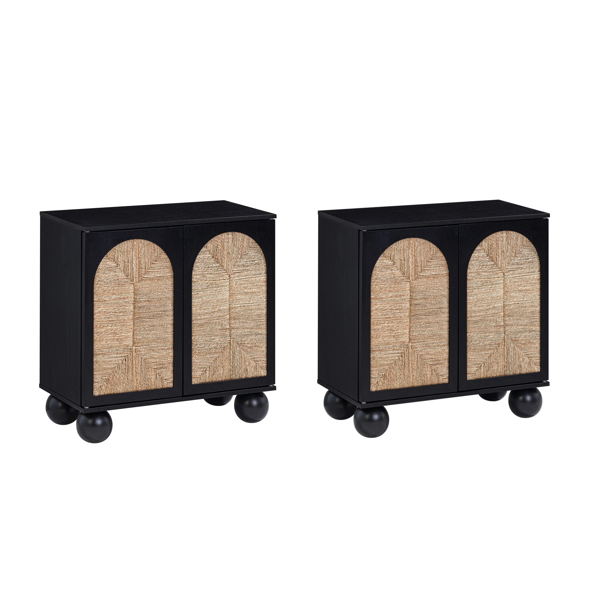 Pair of modern black cabinets with round ball feet and doors featuring a textured, woven beige pattern framed by arched designs. Set against a plain white background.