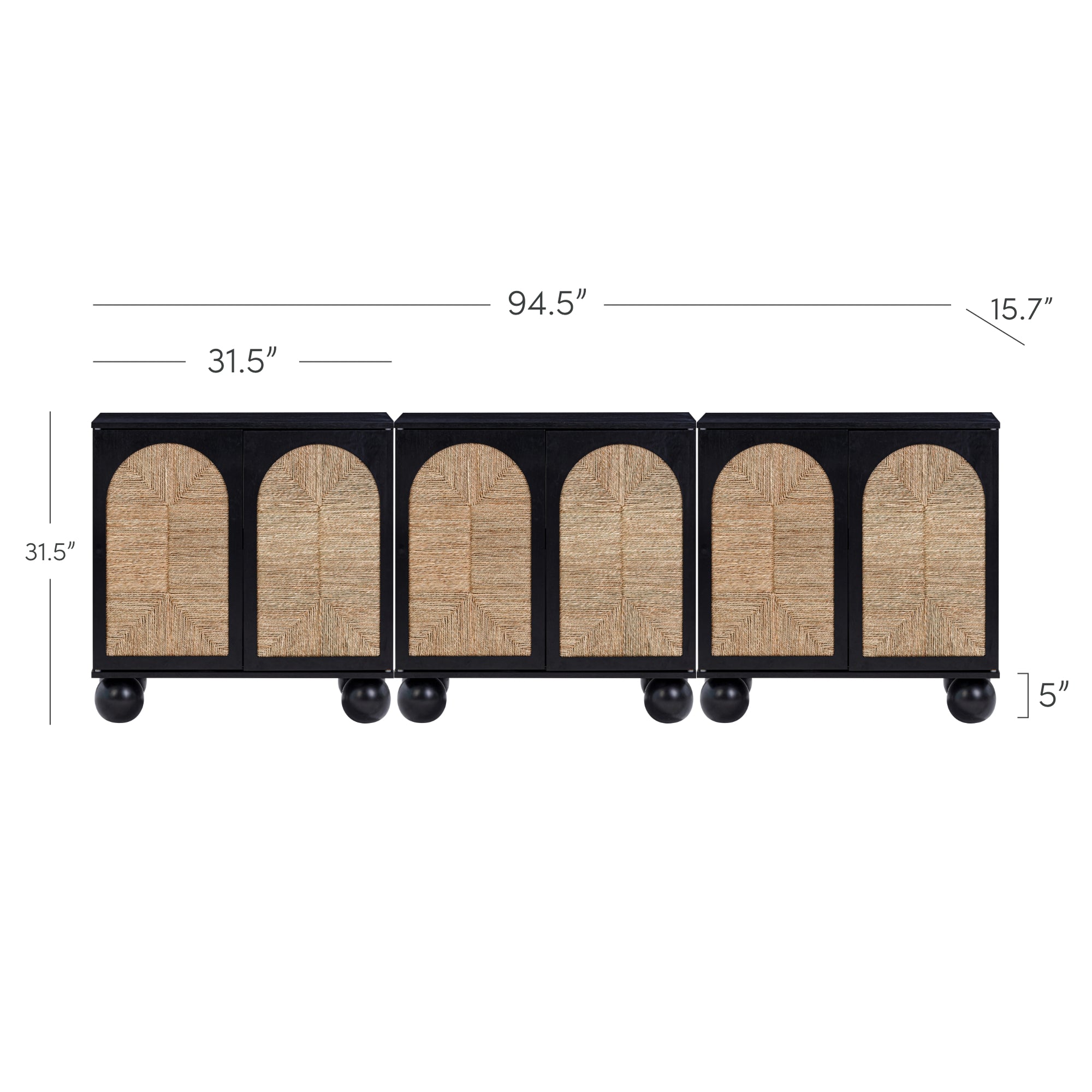 Rectangular black cabinet with four doors featuring arched natural woven panels, round black feet, and dimensions labeled: 94.5 wide, 31.5 high, 15.7 deep, and 5 foot height.