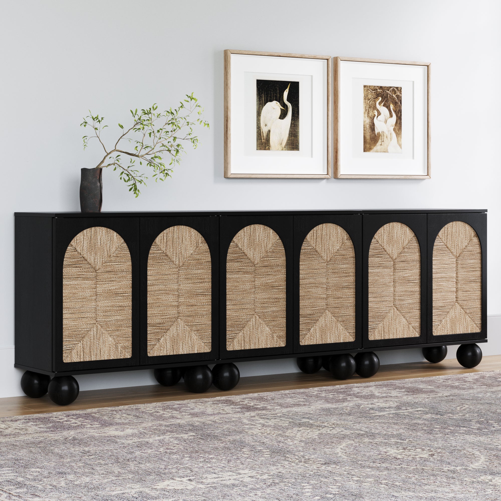bleached woven plant stands Seagrass Arched Storage Cabinet Credenza Black (Set of 3)