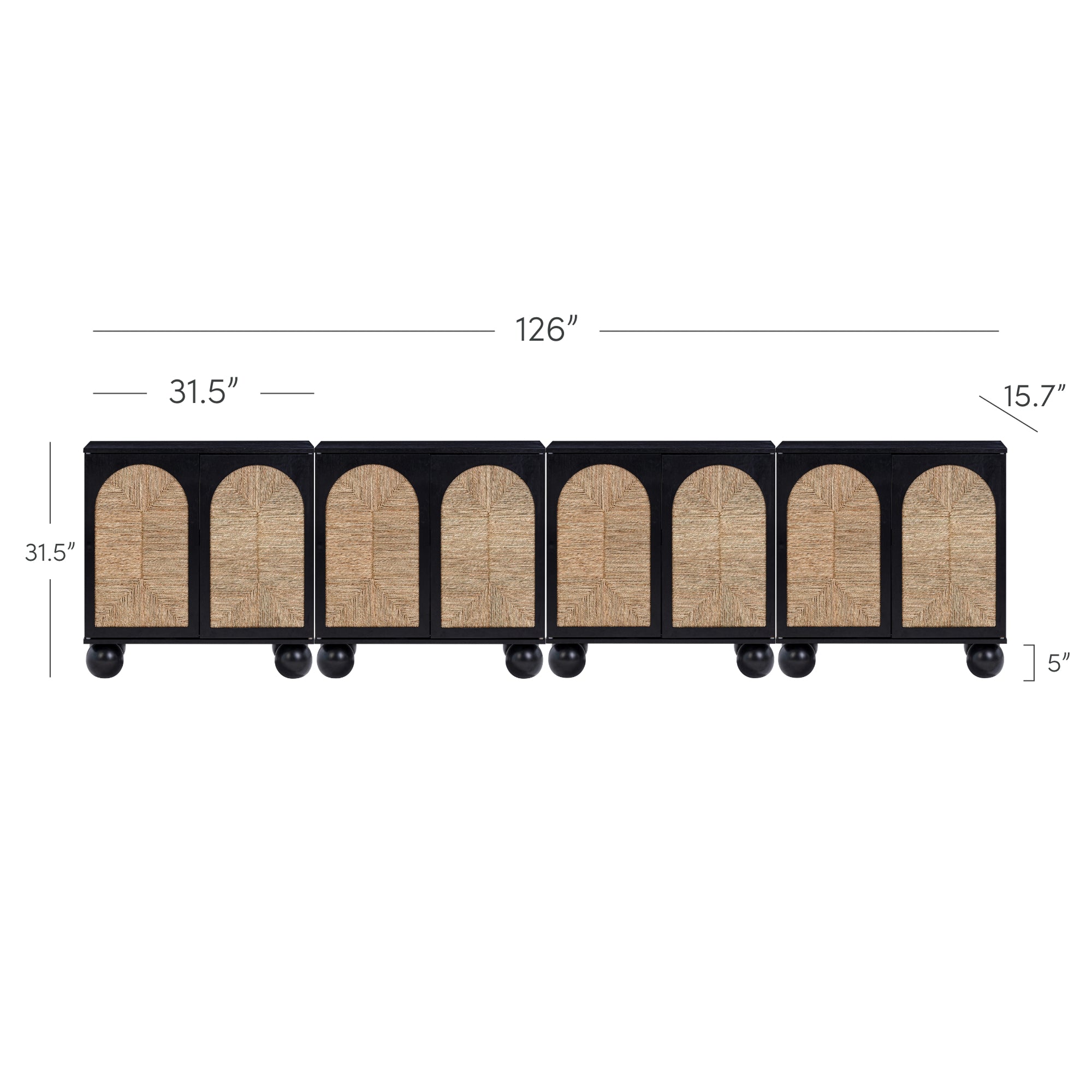 Five rectangular cabinets with arched, woven front panels are aligned side by side. The unit measures 126 inches wide, 31.5 inches tall, and 15.7 inches deep. Each cabinet sits on round, black legs. Dimensions are labeled.