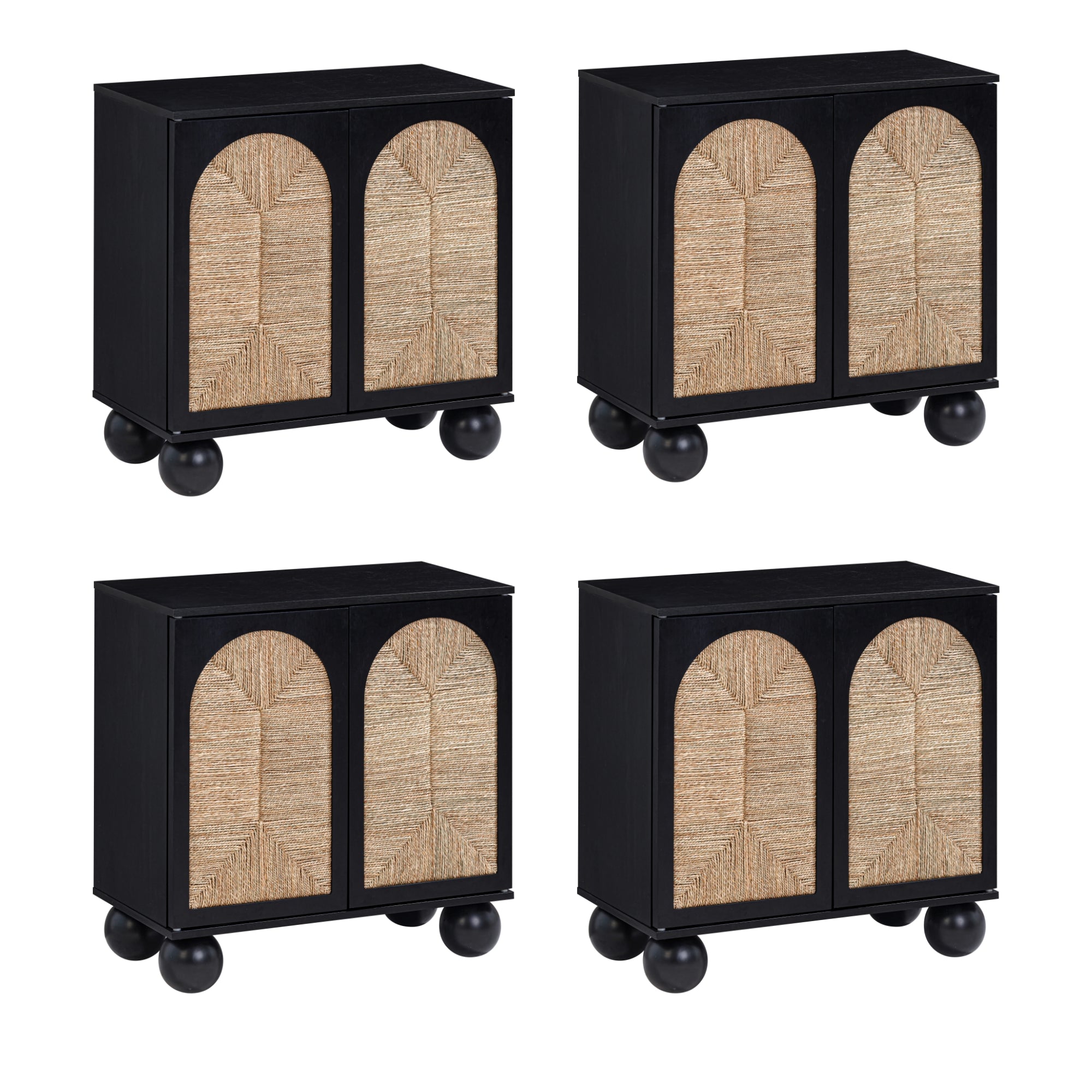 Four identical black cabinets with rounded ball feet and double doors featuring light-colored, arched woven panels on the front, arranged in a 2x2 grid on a white background.