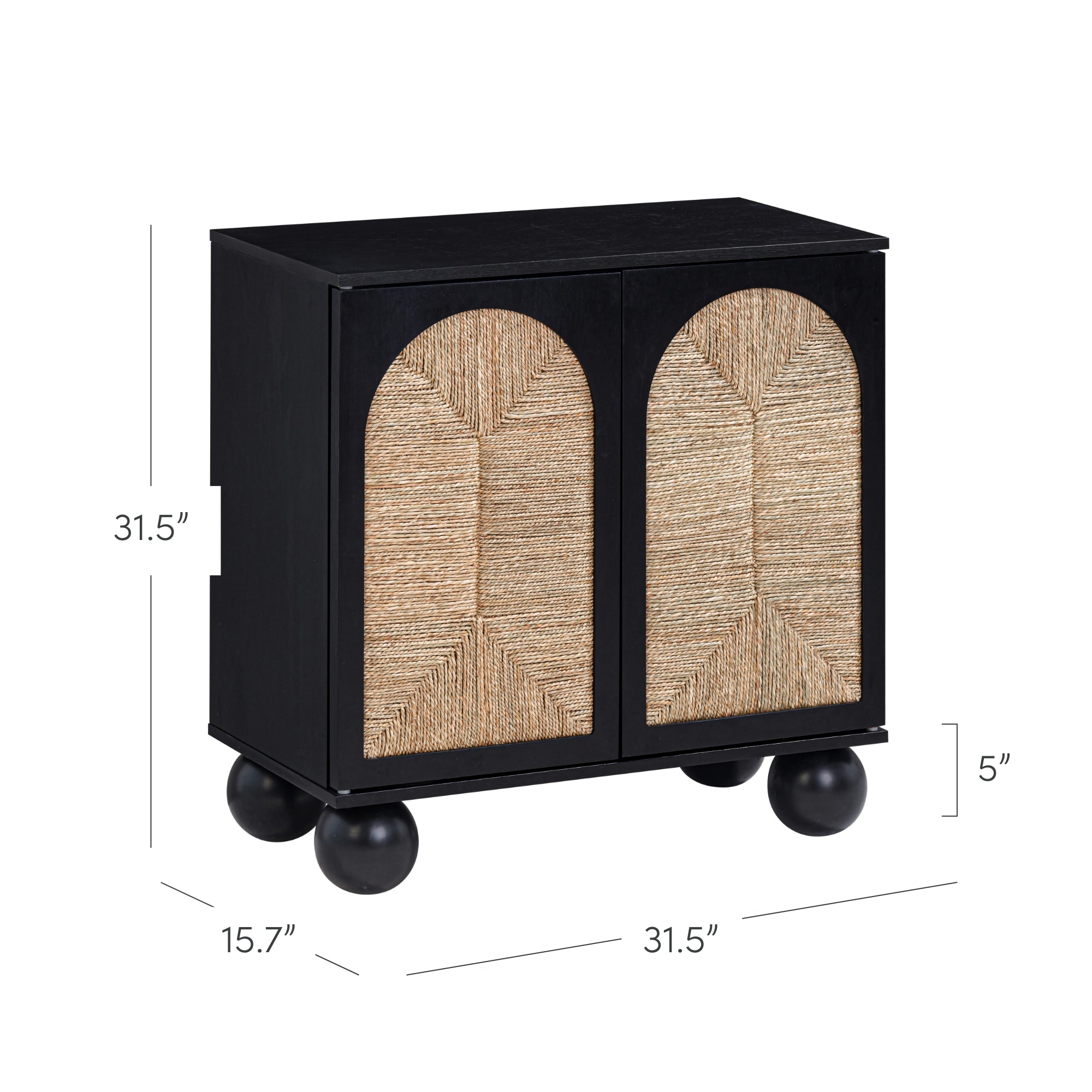 A black cabinet with woven rattan doors featuring geometric patterns, round ball-shaped legs, and dimensions labeled as 31.5 tall, 31.5 wide, 15.7 deep, and 5 high legs.