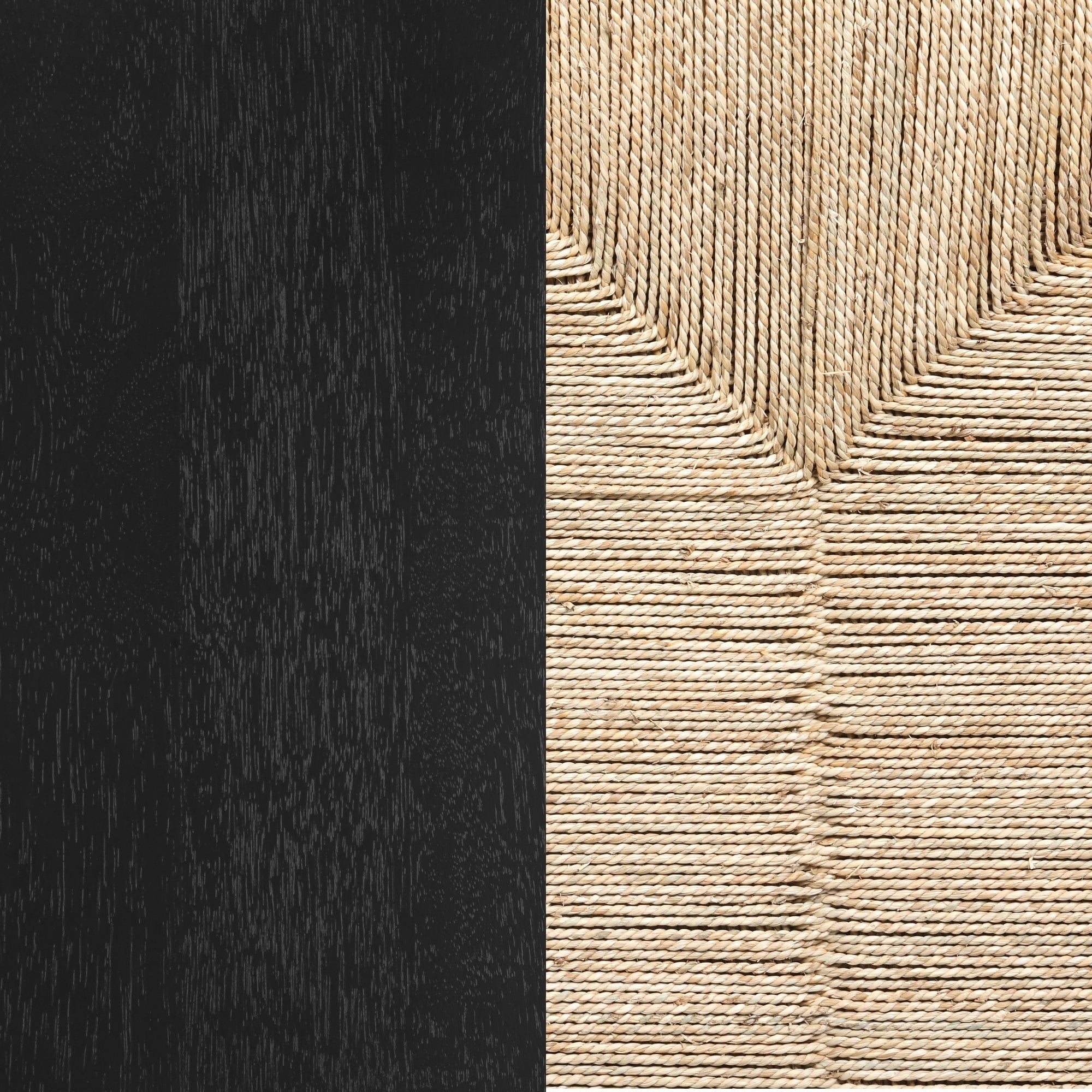 A close-up of two contrasting textures: smooth, dark wood on the left and tightly woven, light-colored natural fiber in a geometric pattern on the right.