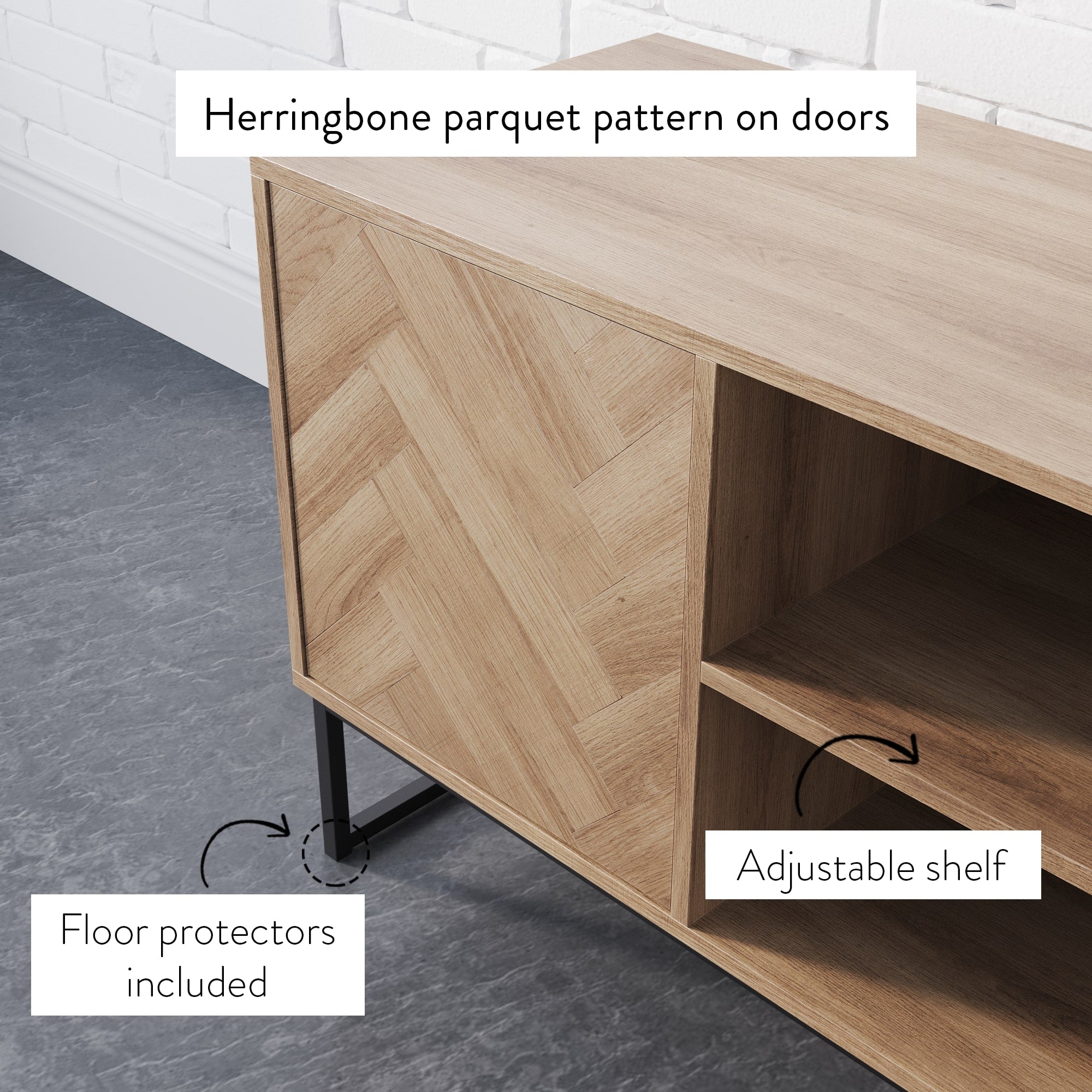 Light wood cabinet with a herringbone parquet pattern on the doors, adjustable shelf, metal legs with floor protectors, set against a white brick wall and dark textured floor. Labels highlight key features.