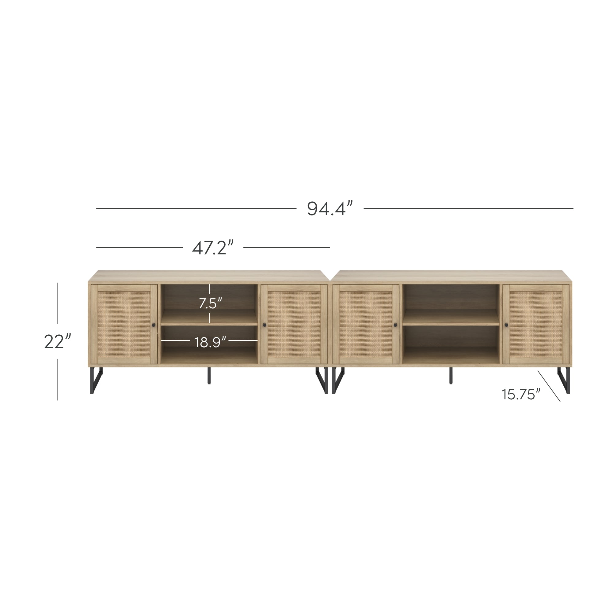Light wood TV stand with four cabinet doors, open center shelves, and black V-shaped legs. Dimensions are 94.4 wide, 22 high, 15.75 deep; each half is 47.2 wide. Center shelves are 7.5 and 18.9 high.