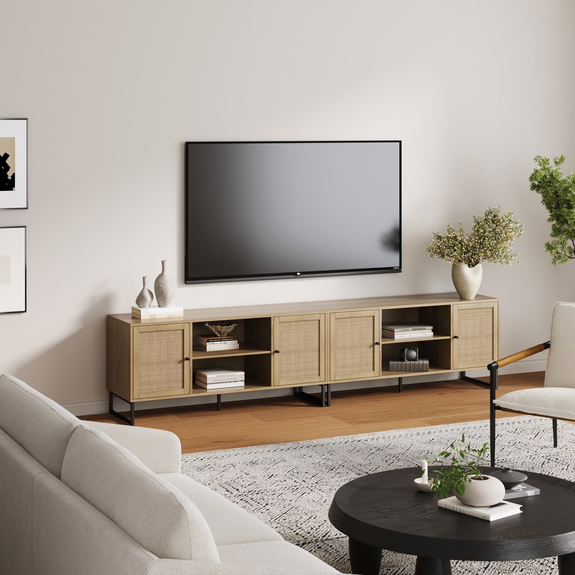 Rattan TV Console Credenza Light Oak (Set of 2)