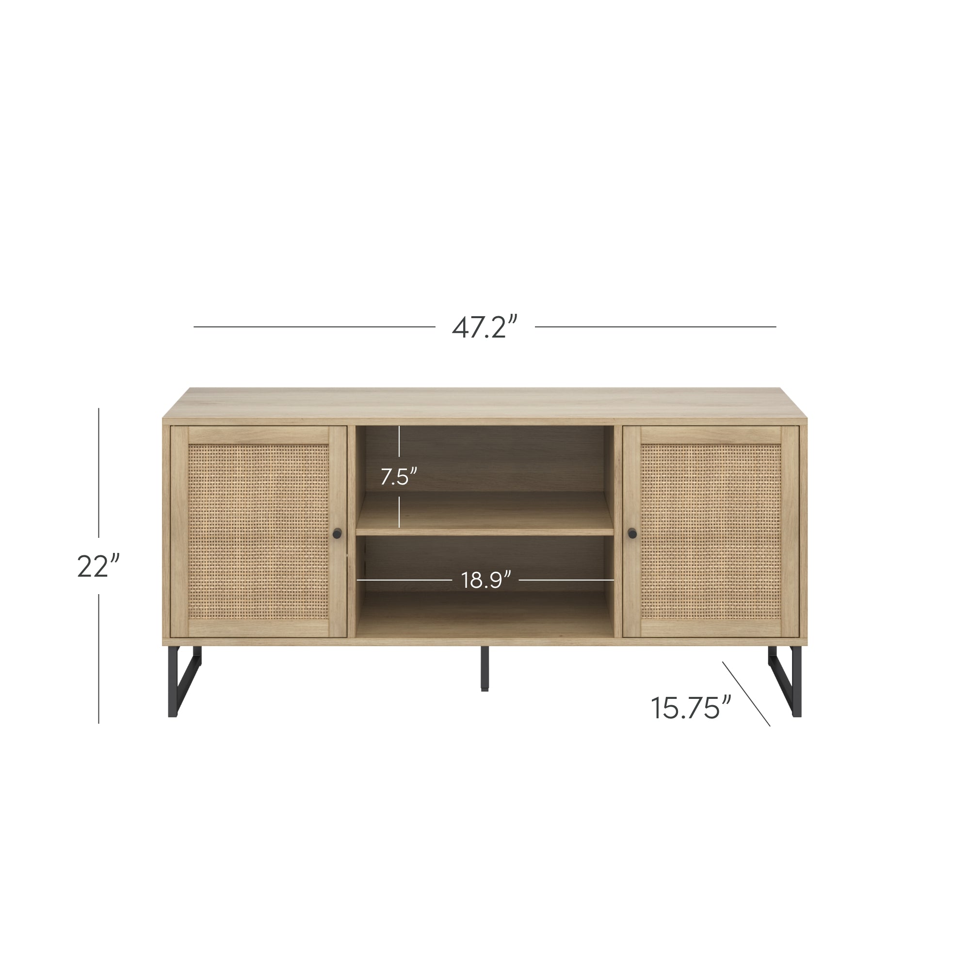 Light wood TV stand with two rattan-front doors, metal legs, and open center shelves. Dimensions shown: 47.2 wide, 22 high, 15.75 deep, center shelves 18.9 wide and 7.5 high.