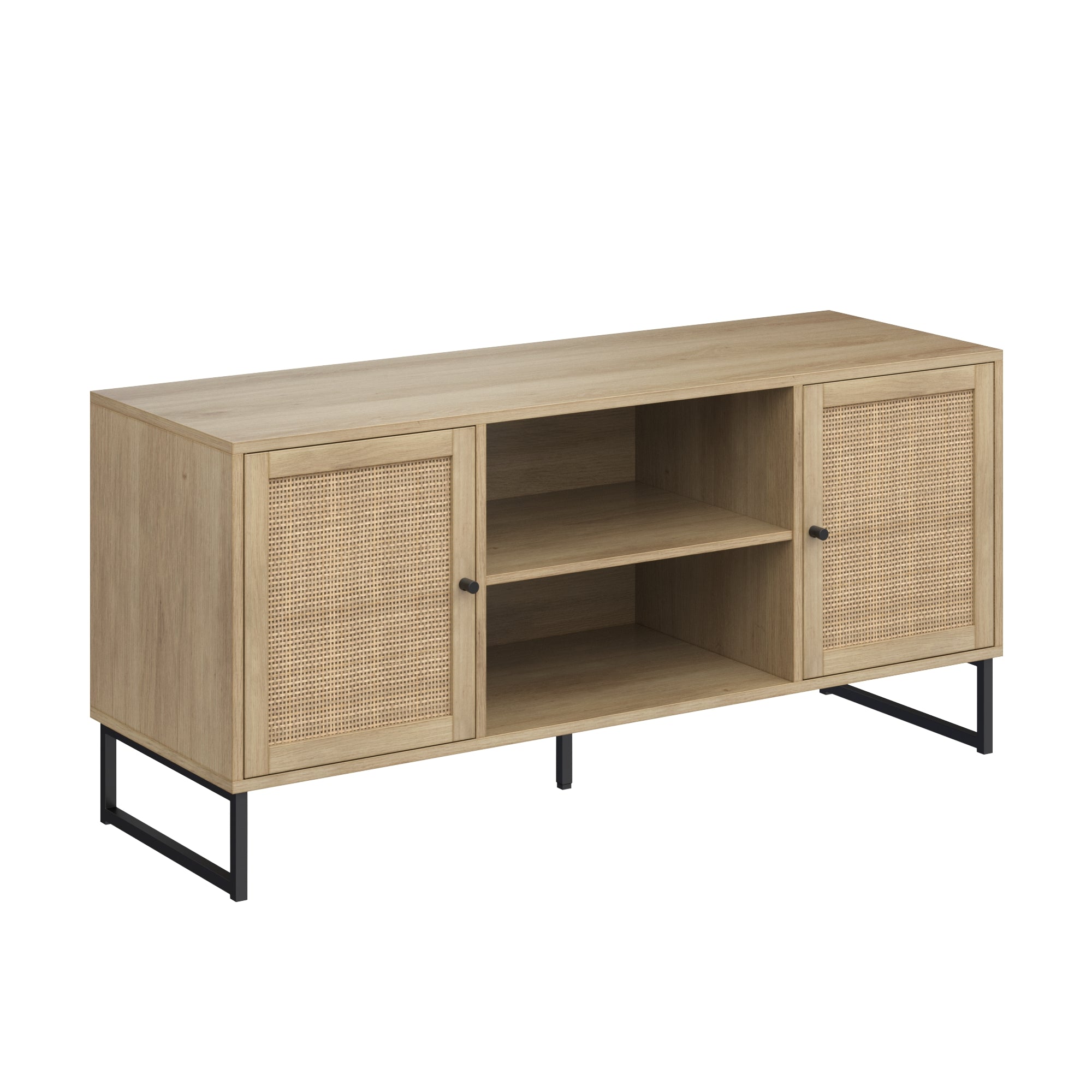 Light wood TV stand with two doors featuring woven rattan panels, two open shelves in the center, and black metal legs. The design is modern and minimalist.