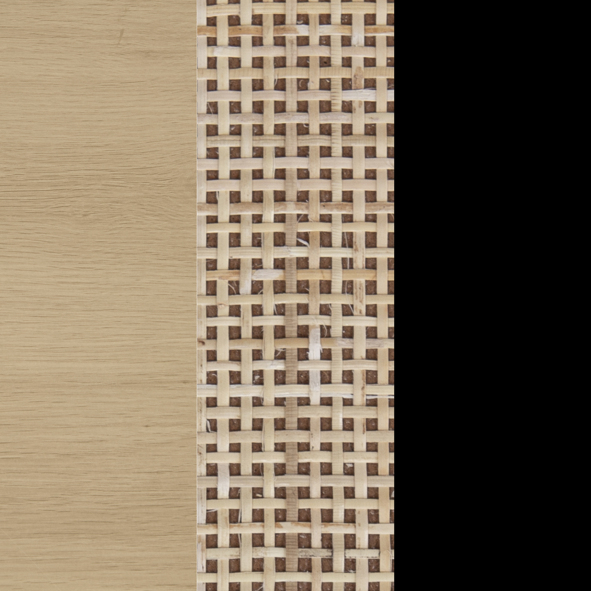 A close-up of three vertical sections: light-colored wood on the left, woven cane mesh in the center, and a solid black panel on the right.