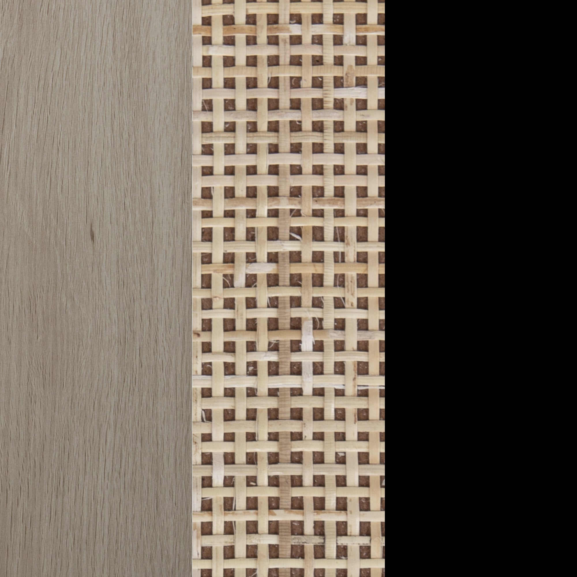 A vertical split image showing light wood grain on the left and a woven rattan cane pattern in natural tones in the center, with a solid black area on the right.