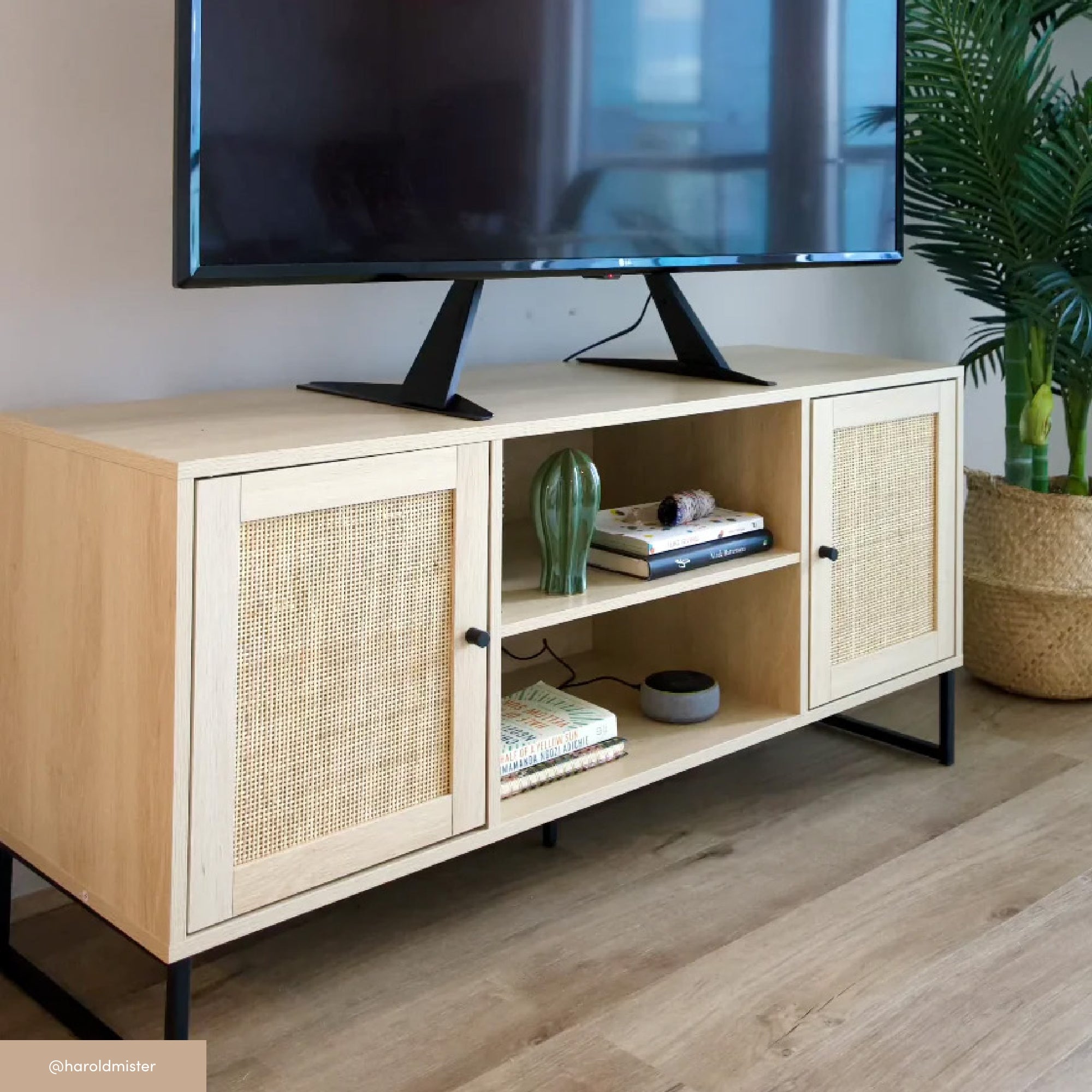 A flat-screen TV sits on a light wooden TV stand with two woven cabinet doors and open shelves, displaying books and a green vase, on a wooden floor next to a potted plant.